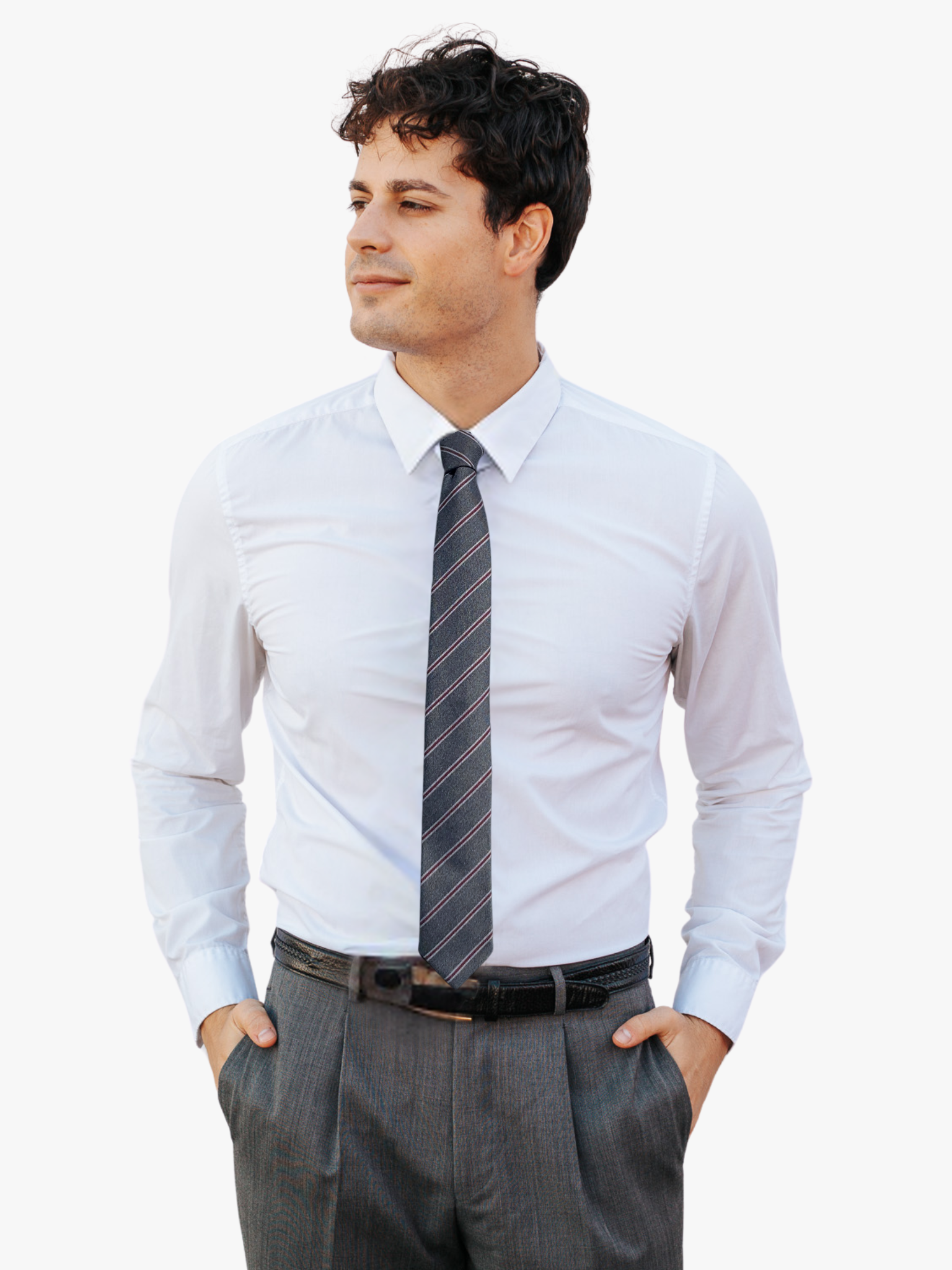 A man wearing a striped tie with narrow white stripes, thin red lines, neutral gray bars, and a classic design.