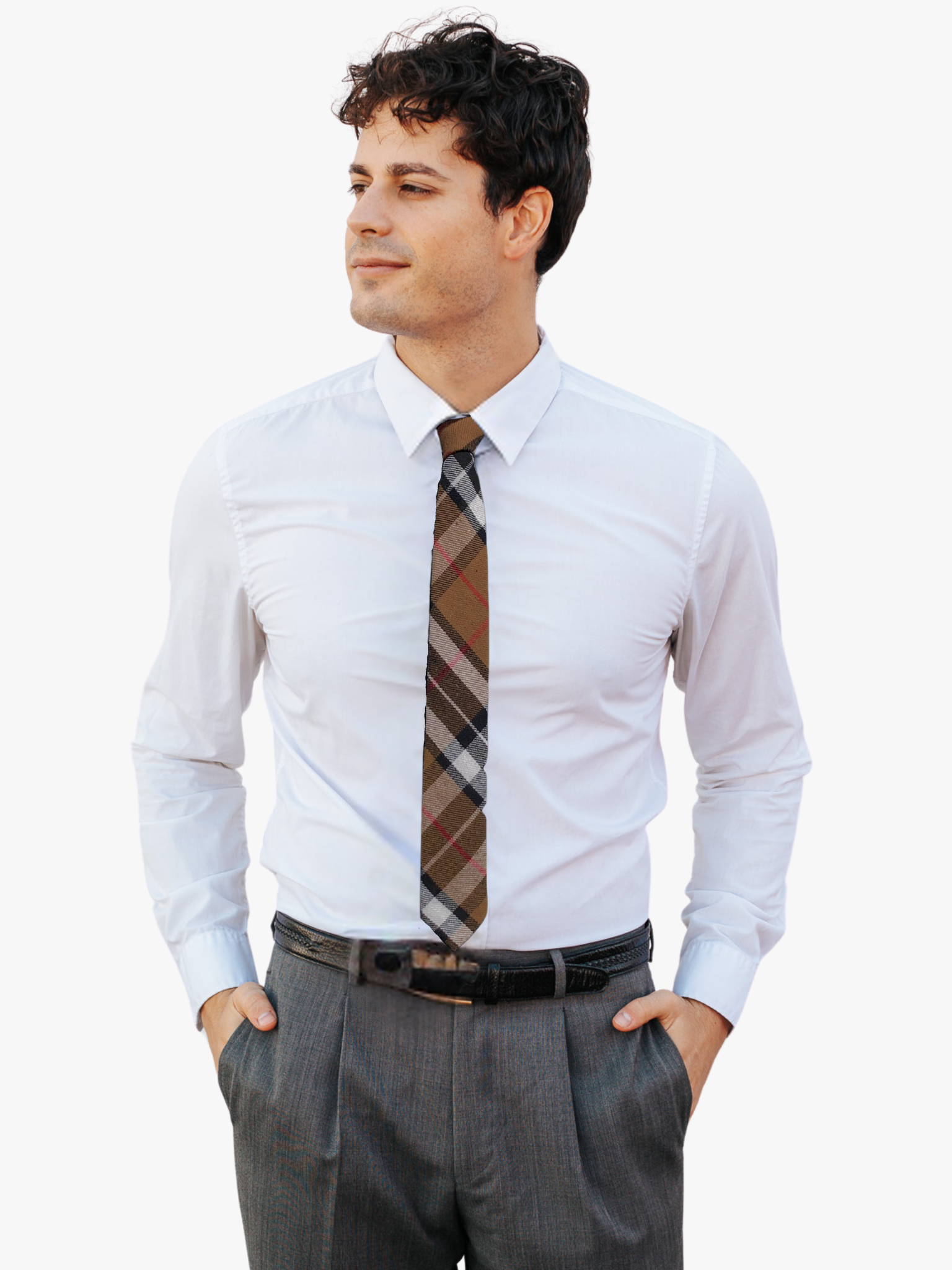 A man wearing a plaid tie with brown fabric, thin red lines, black bars, and colorful diagonal grid.