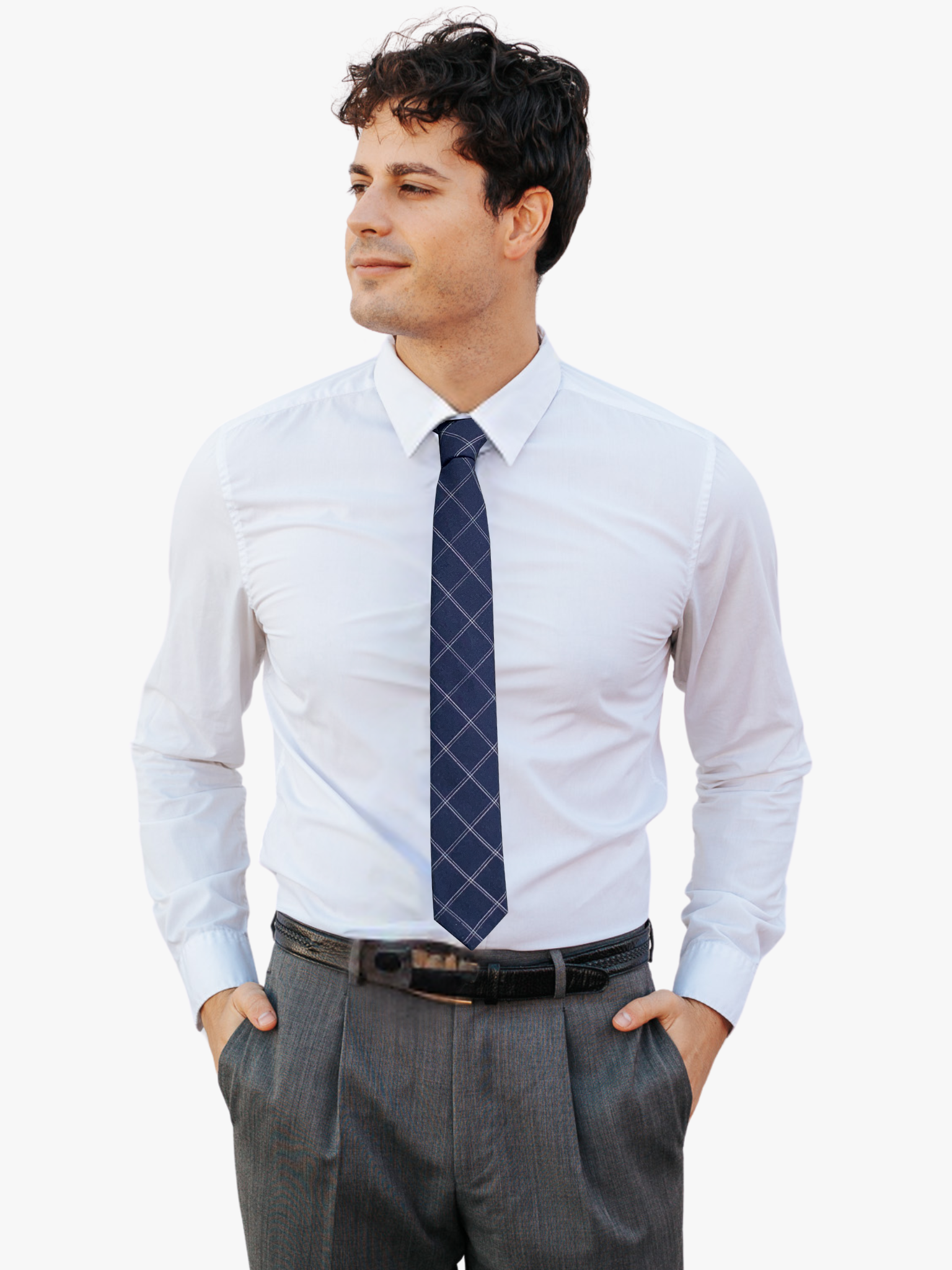 A man wearing a grid tie with navy blue fabric and thin white lines in a grid pattern.