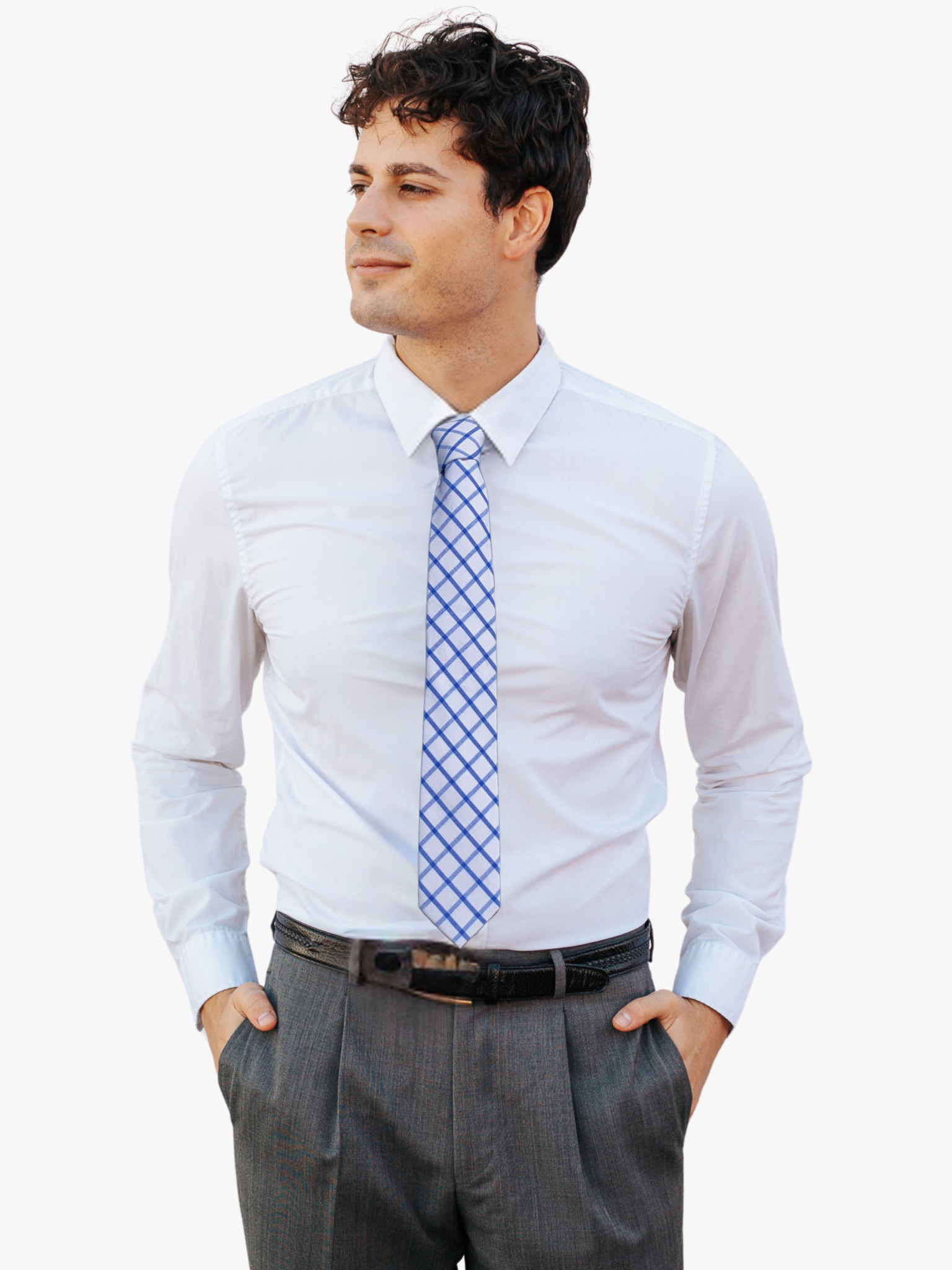 A man wearing a grid tie with snow white fabric and criss-cross navy and light blue lines in a geometric grid pattern.