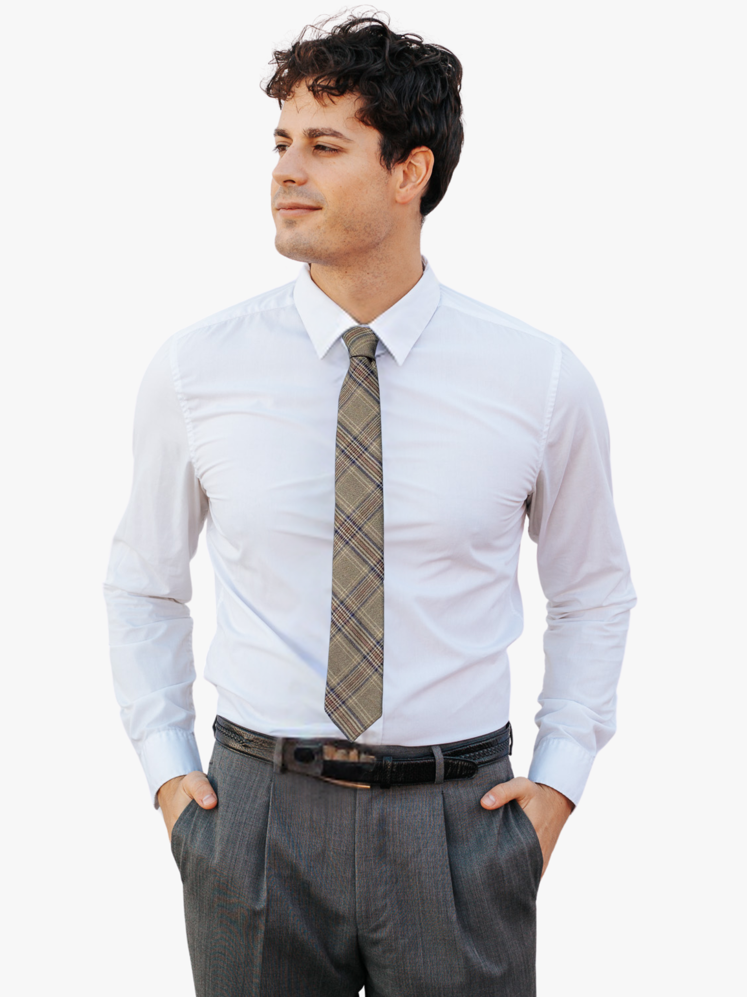 A man wearing a plaid tie with brown fabric, thin beige lines, narrow blue bars, and colors.