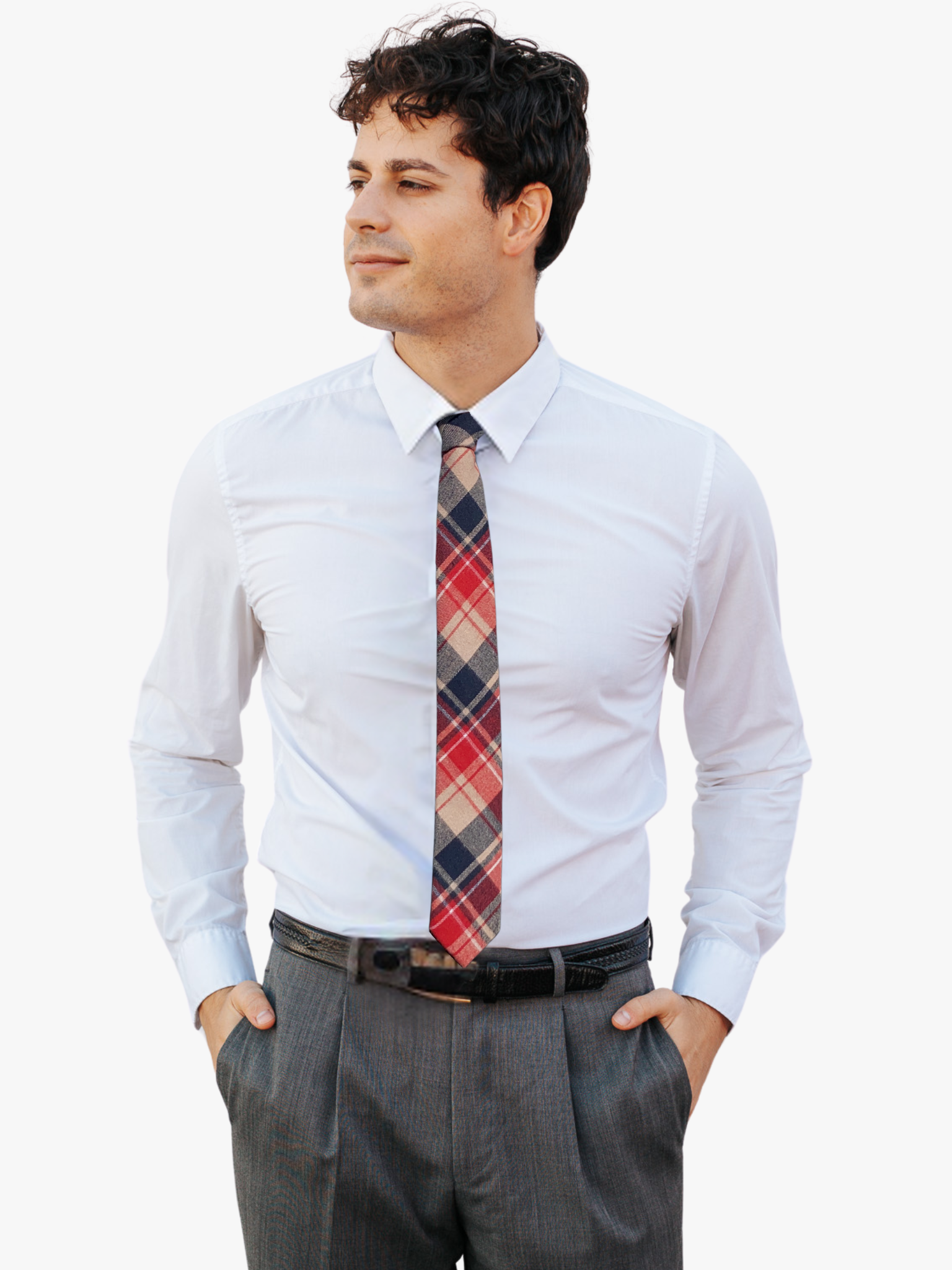 A man wearing a plaid tie with red fabric, thin beige lines, navy blue bars, and a Christmas feeling.