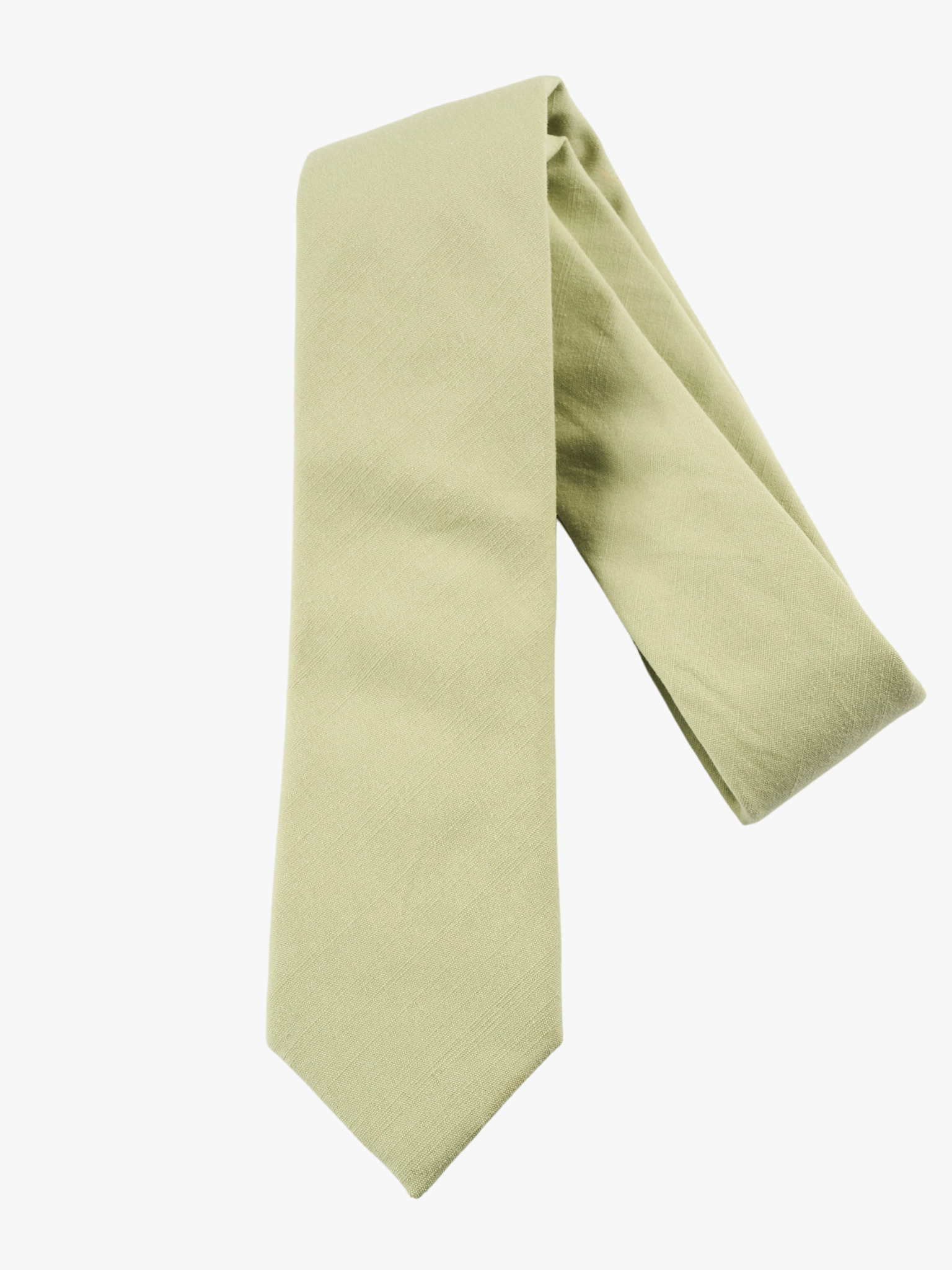 A folded solid woven cotton men's necktie with a simple neutral sage green color.