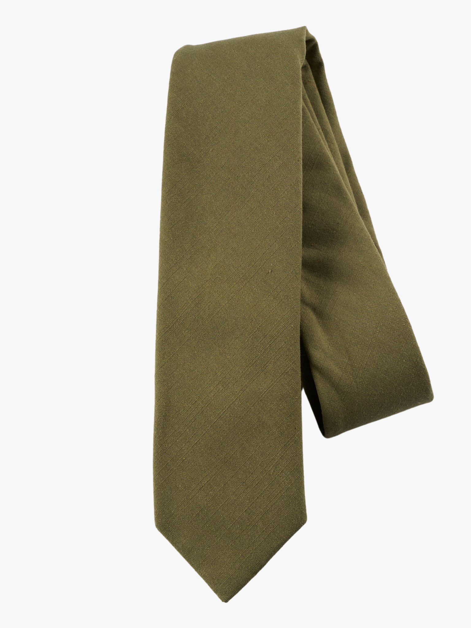 A folded solid woven cotton men's necktie with a simple military moss green color.