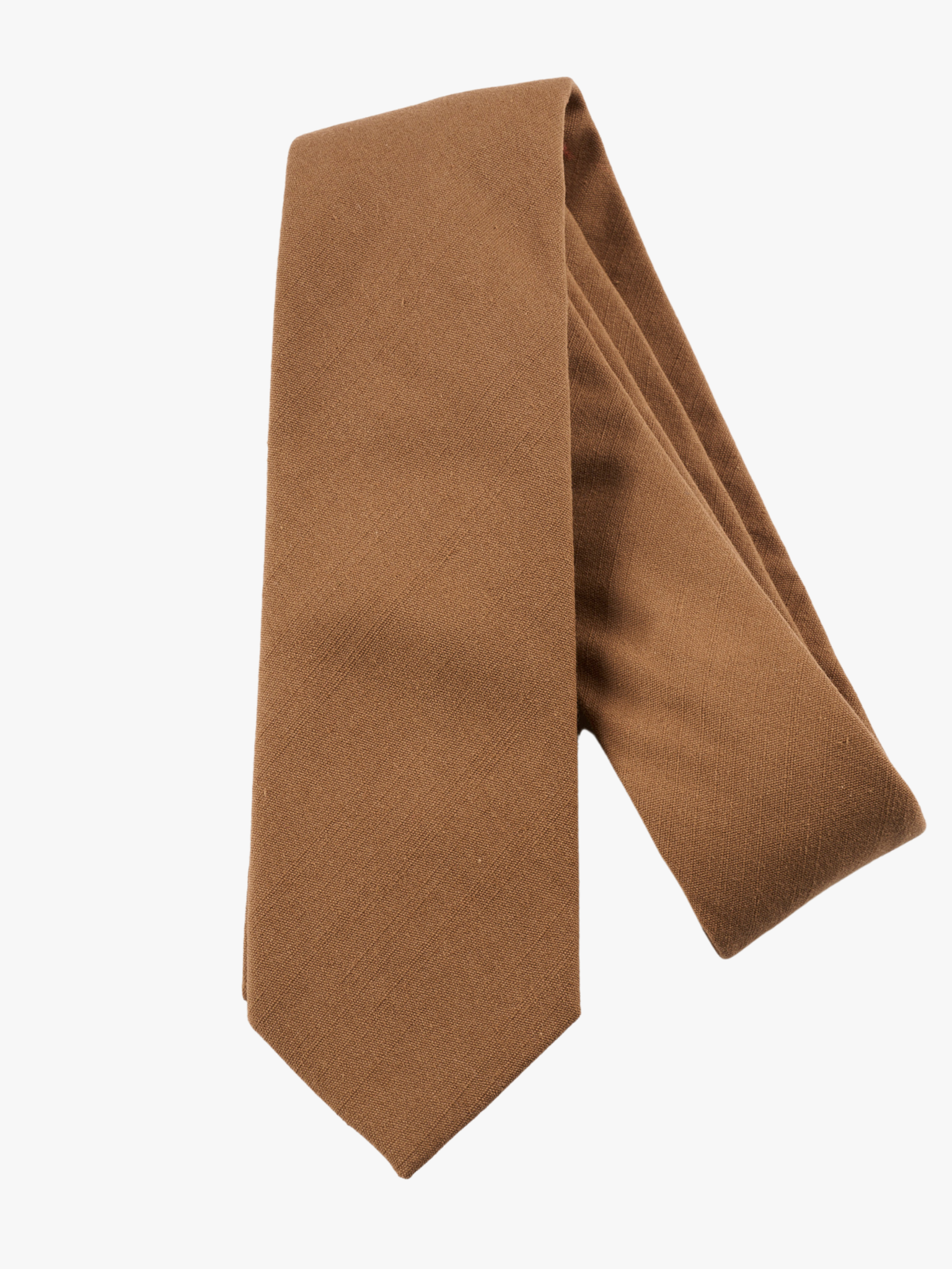 A folded solid pure cotton adult men's necktie with plain light chocolate taupe brown color.