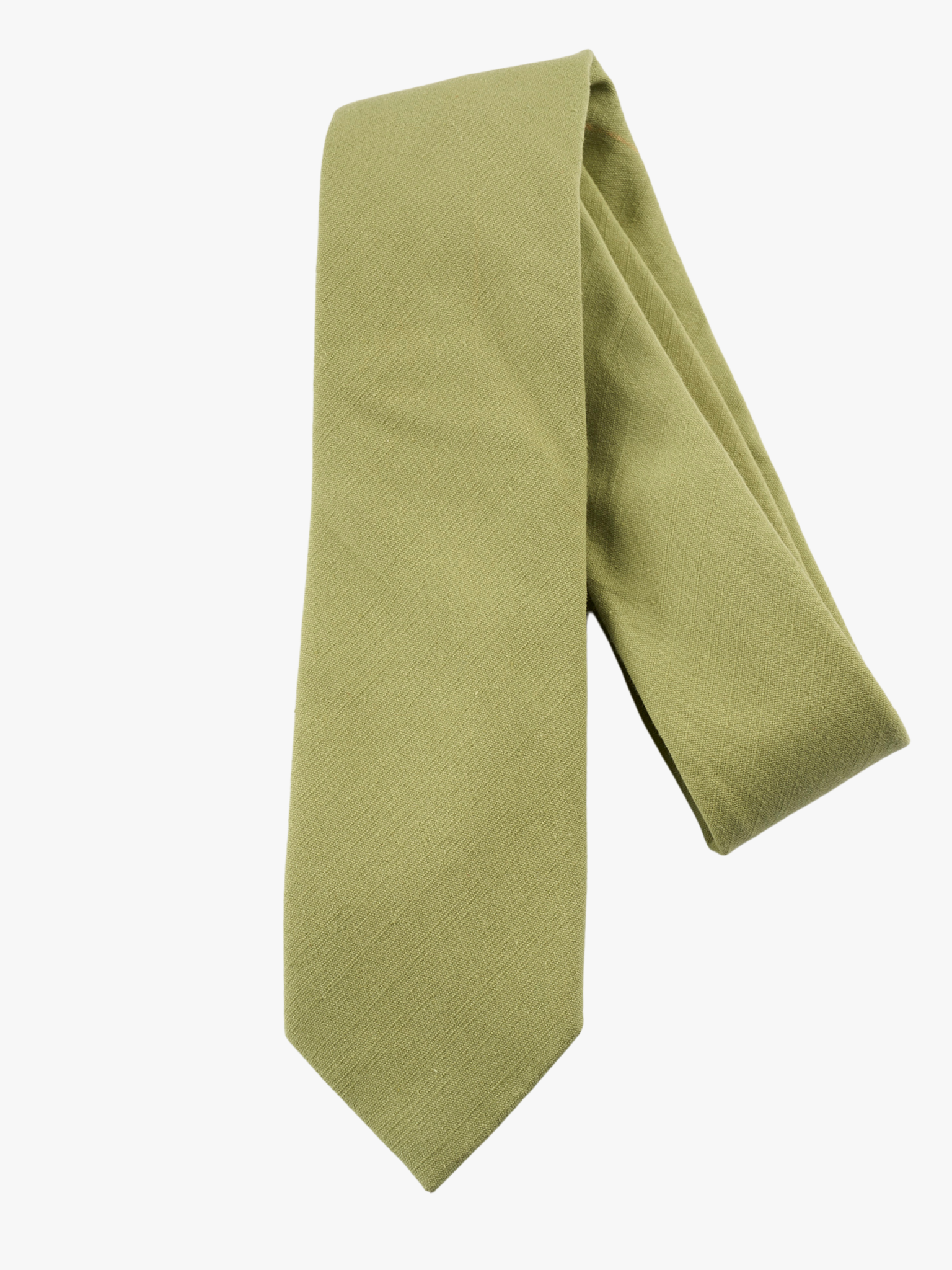 A folded solid pure cotton adult men's necktie with plain neutral light green color.