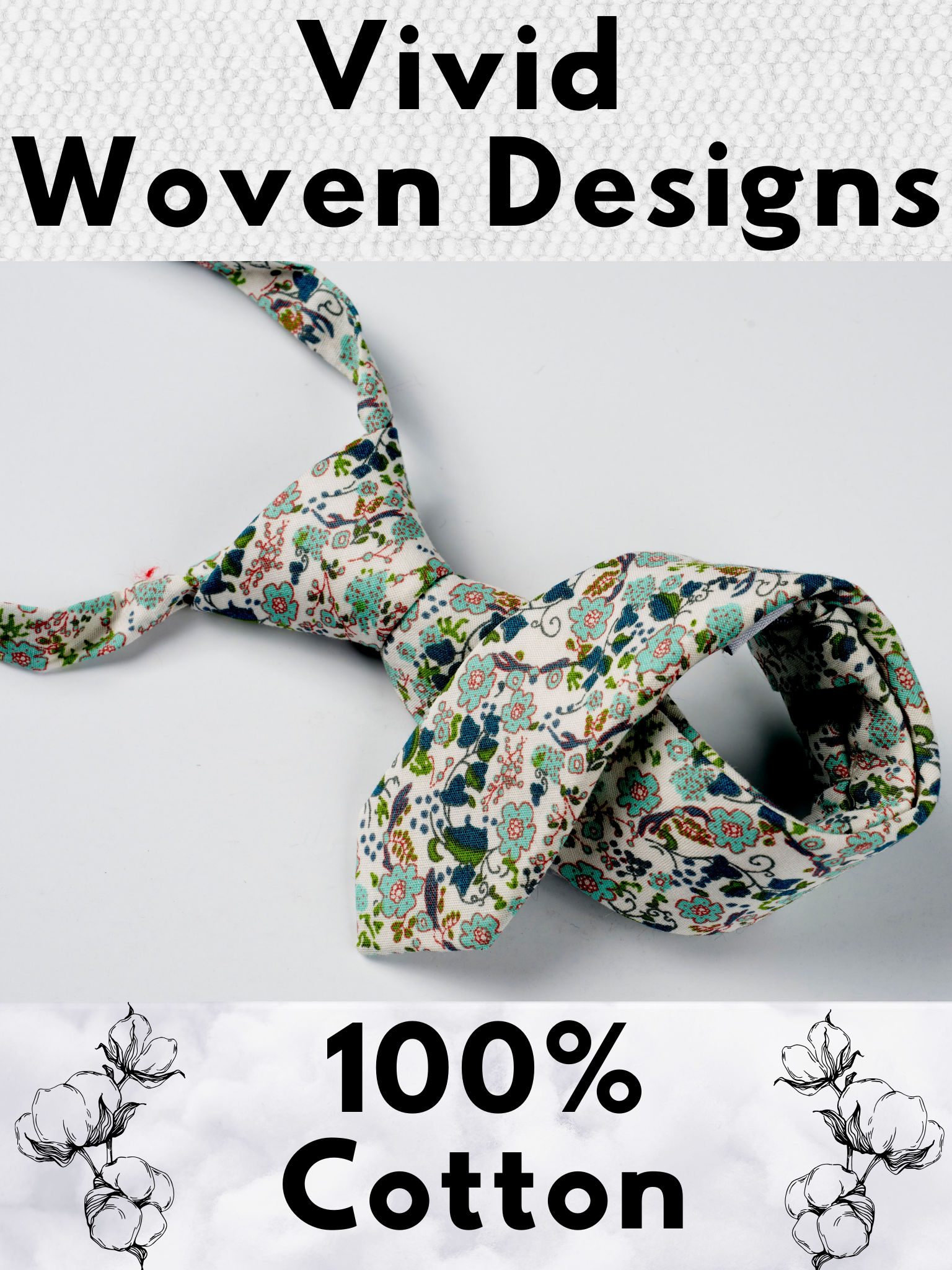 A folded cotton floral necktie for boys with dusty blue flowers, pink accents, turquoise blossoms and bluish leaves.