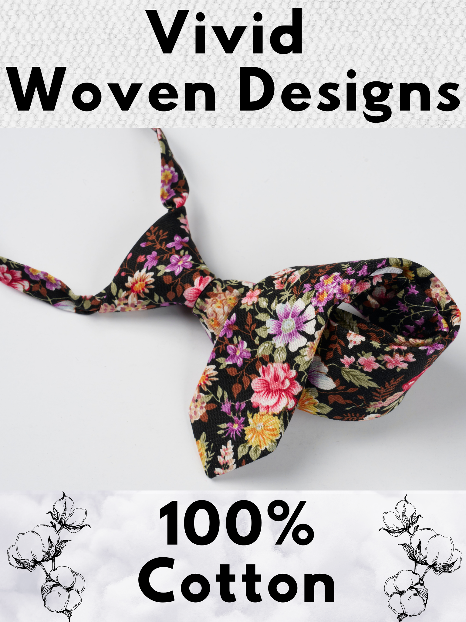 A folded cotton floral necktie for boys with pink flowers, yellow petals, wisteria purple blossoms and brown leaves.