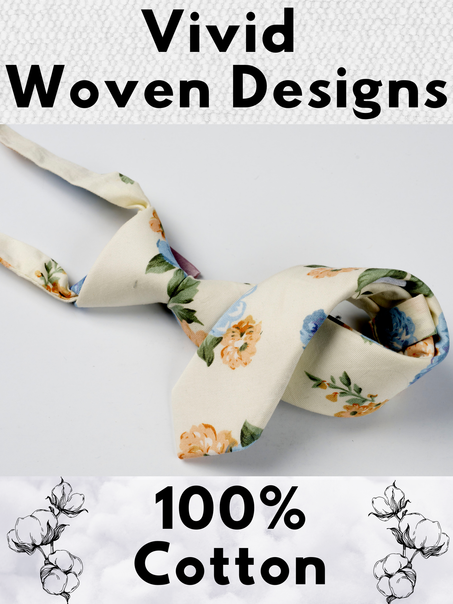 A folded cotton floral necktie for boys with dusty blue rose flowers, deep yellow petals, and light green leaves.