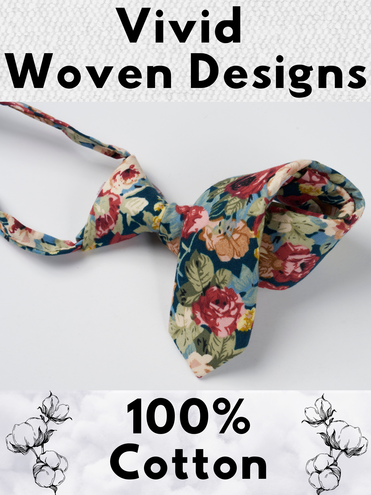 A folded cotton floral necktie for boys with dark red flowers, burnt orange petals, roses and light green leaves.