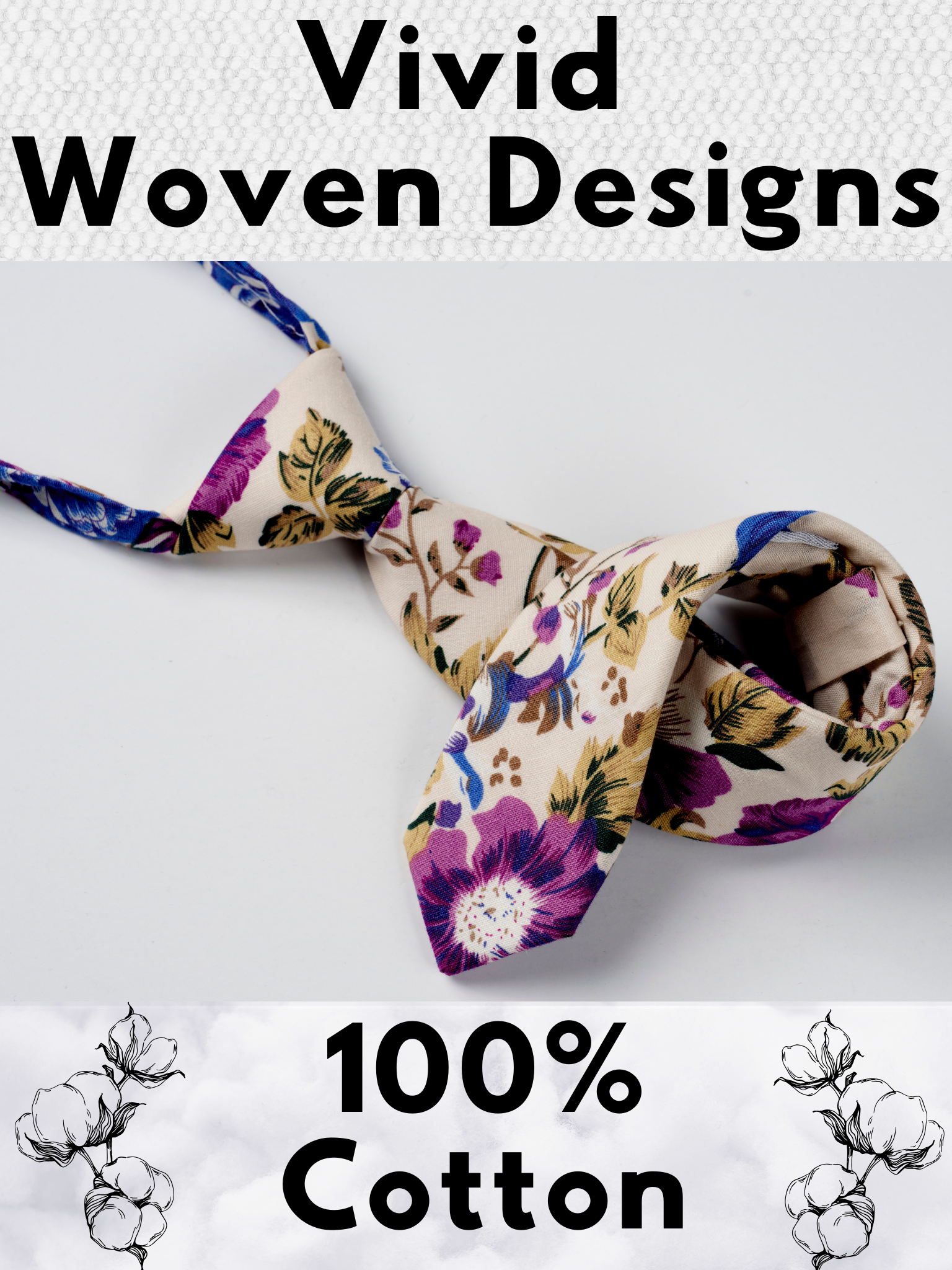 A folded cotton floral necktie for boys with purple flowers, blue petals, brown accents and fall leaves.