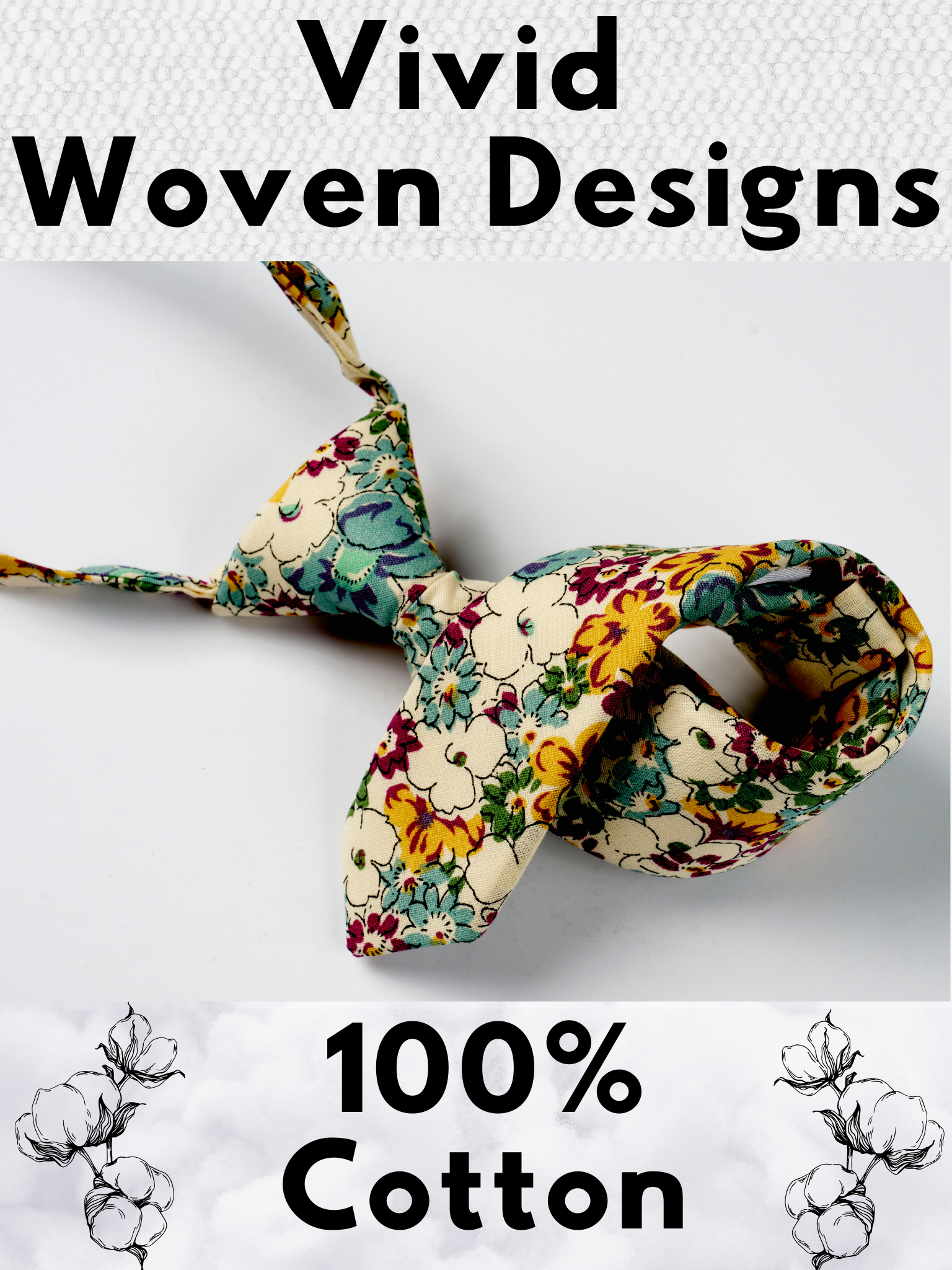 A folded cotton floral necktie for boys with blue flowers, yellow and orange petals, white blossoms and green accents.