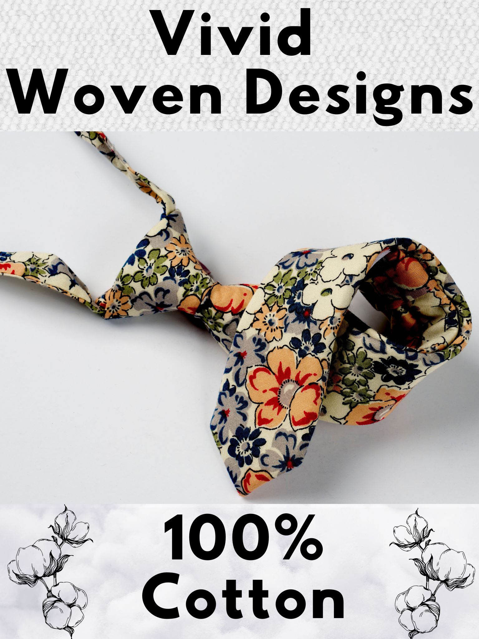 A folded cotton floral necktie for boys with blue flowers, white petals, and peach or salmon blossoms and green leaves.