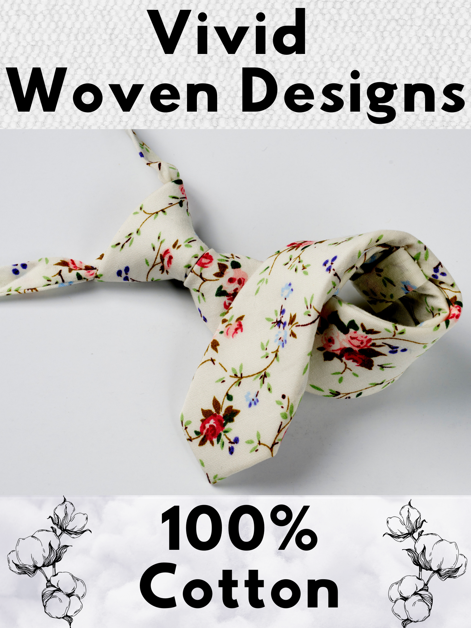 A folded cotton floral necktie for boys with red flowers, pink petals, Christmas blossoms and green leaves.