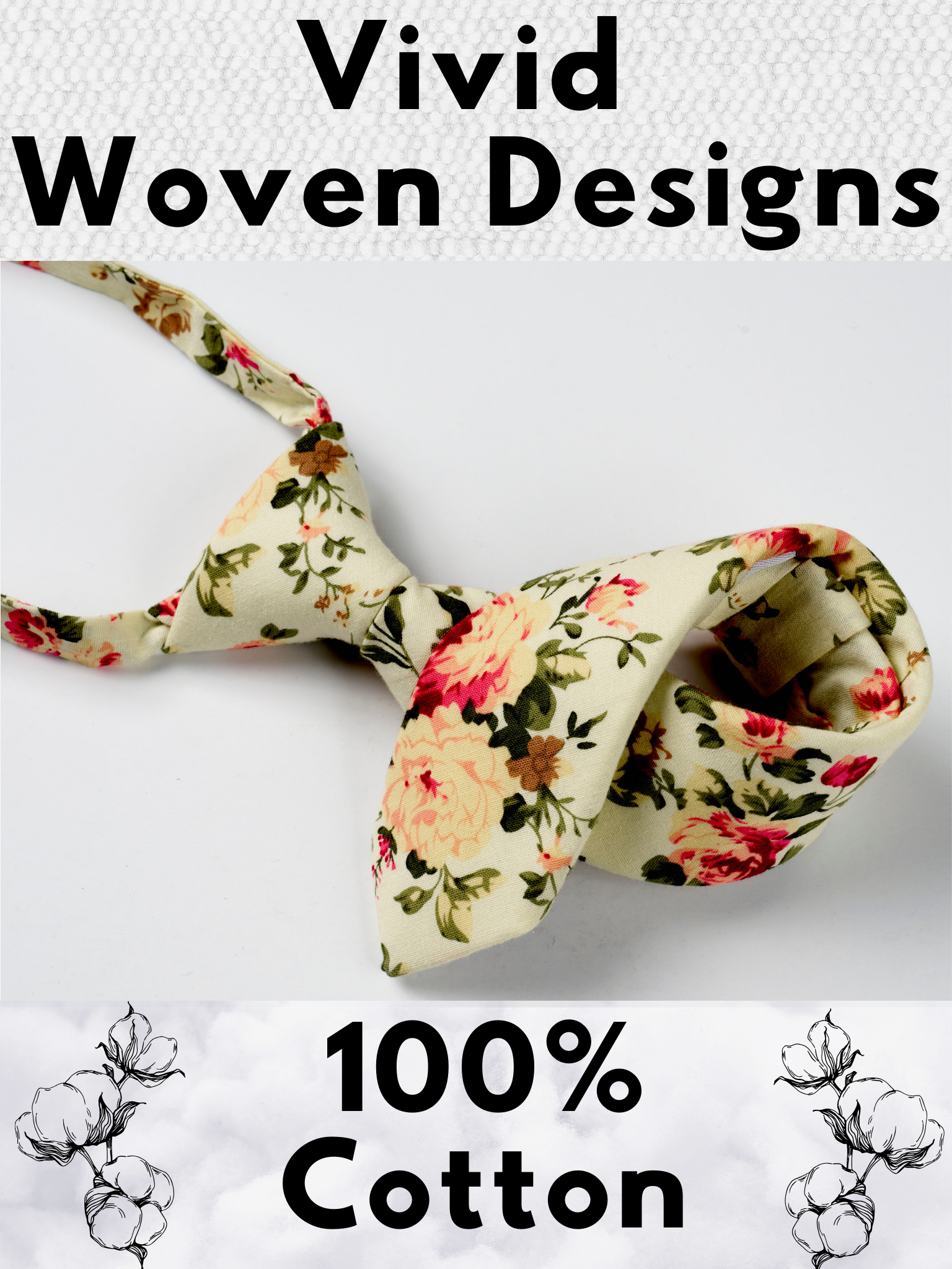 A folded cotton floral necktie for boys with pink rose flowers, yellow petals, dark blossoms and green leaves.