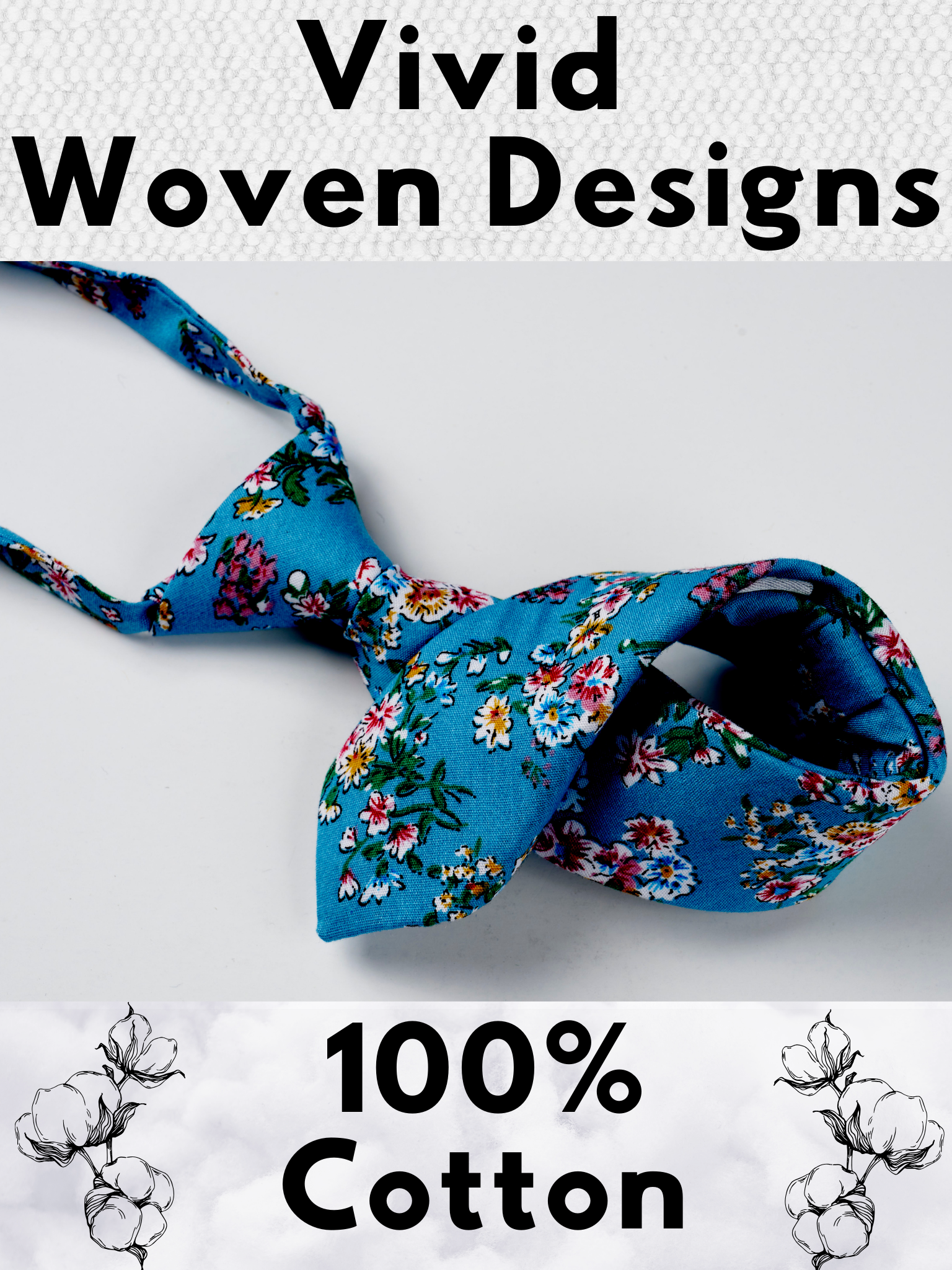 A folded cotton floral necktie for boys with watercolor turqouise flowers, pink and yellow blossoms, and green leaves.