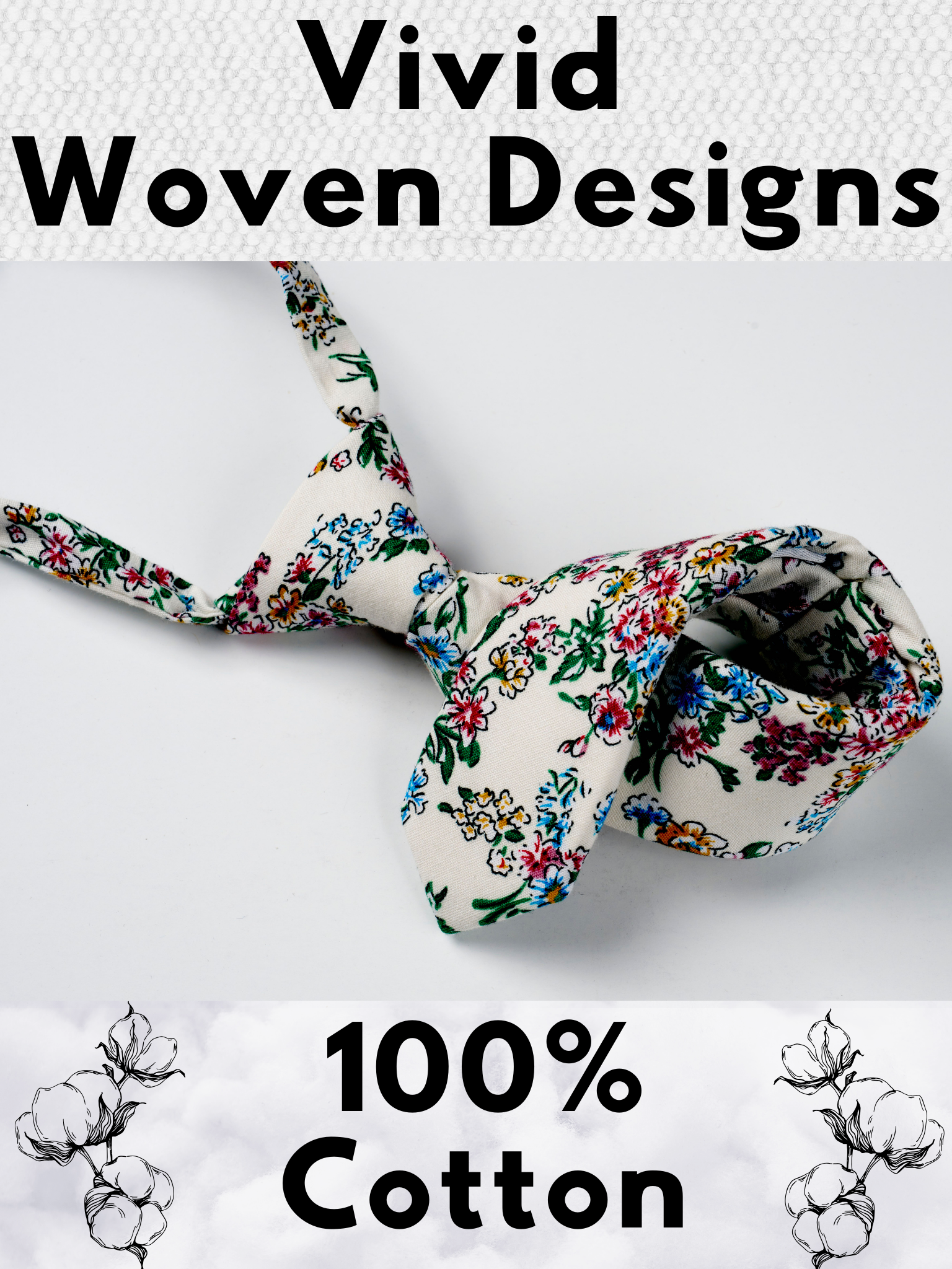 A folded cotton floral necktie for boys with watercolor turquoise flowers, pink and yellow blossoms, and green leaves.