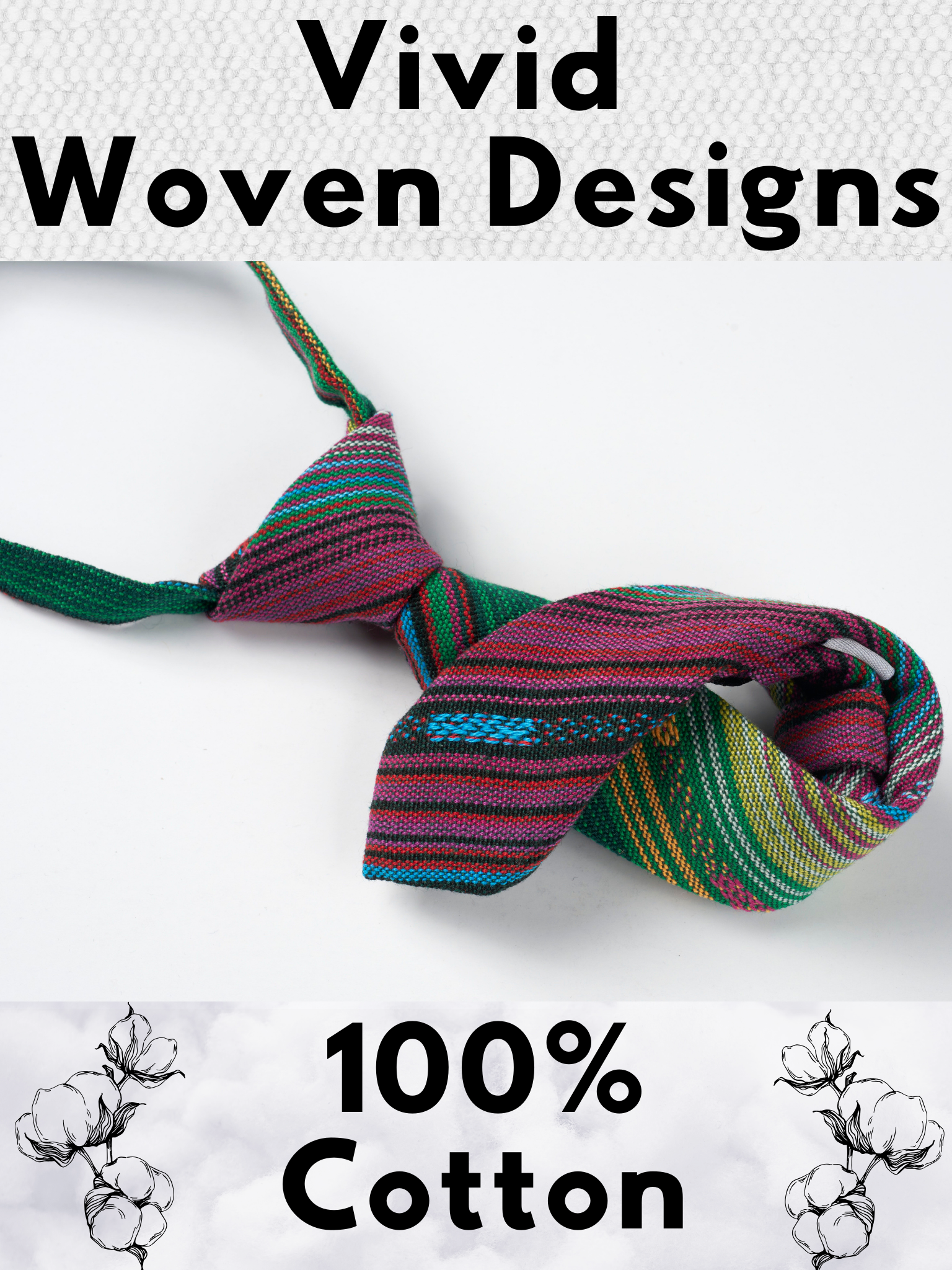 A folded cotton striped necktie for boys with green stripes, purple lines, yellow bars, blue designs and Mexican styles.