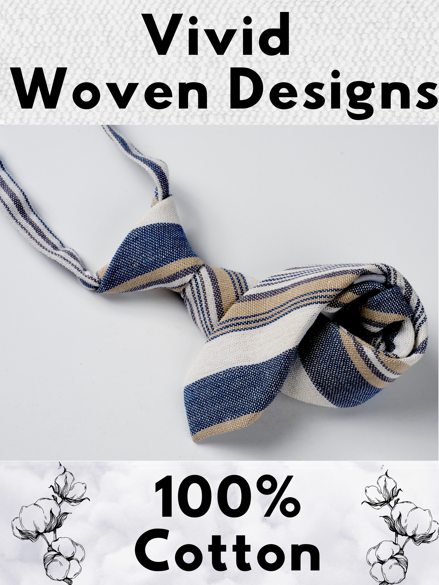 A folded cotton striped necktie for boys with thin dark blue stripes, white lines, gold bars and diagonal designs.