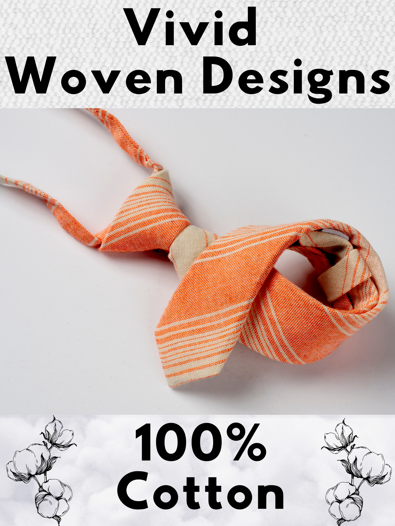 A folded cotton striped necktie for boys with orange stripes, thin beige cream lines,  and off-white diagonal designs.