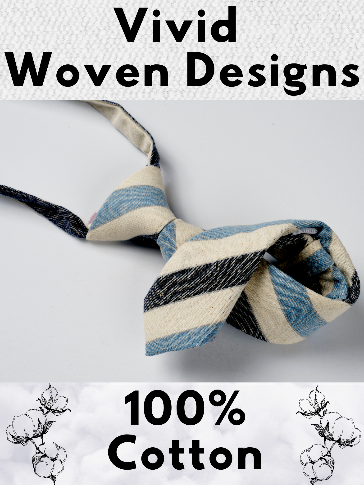 A folded cotton striped necktie for boys with baby blue stripes, navy lines, cream bars, and off-white designs.