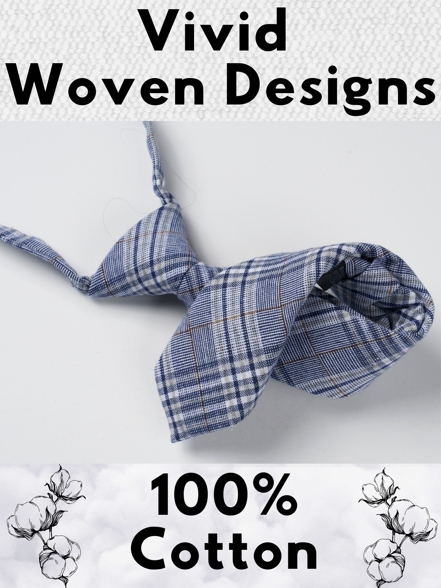 A folded cotton plaid necktie for boys with navy plaid pattern with light blue stripes, and diagonal white bars.