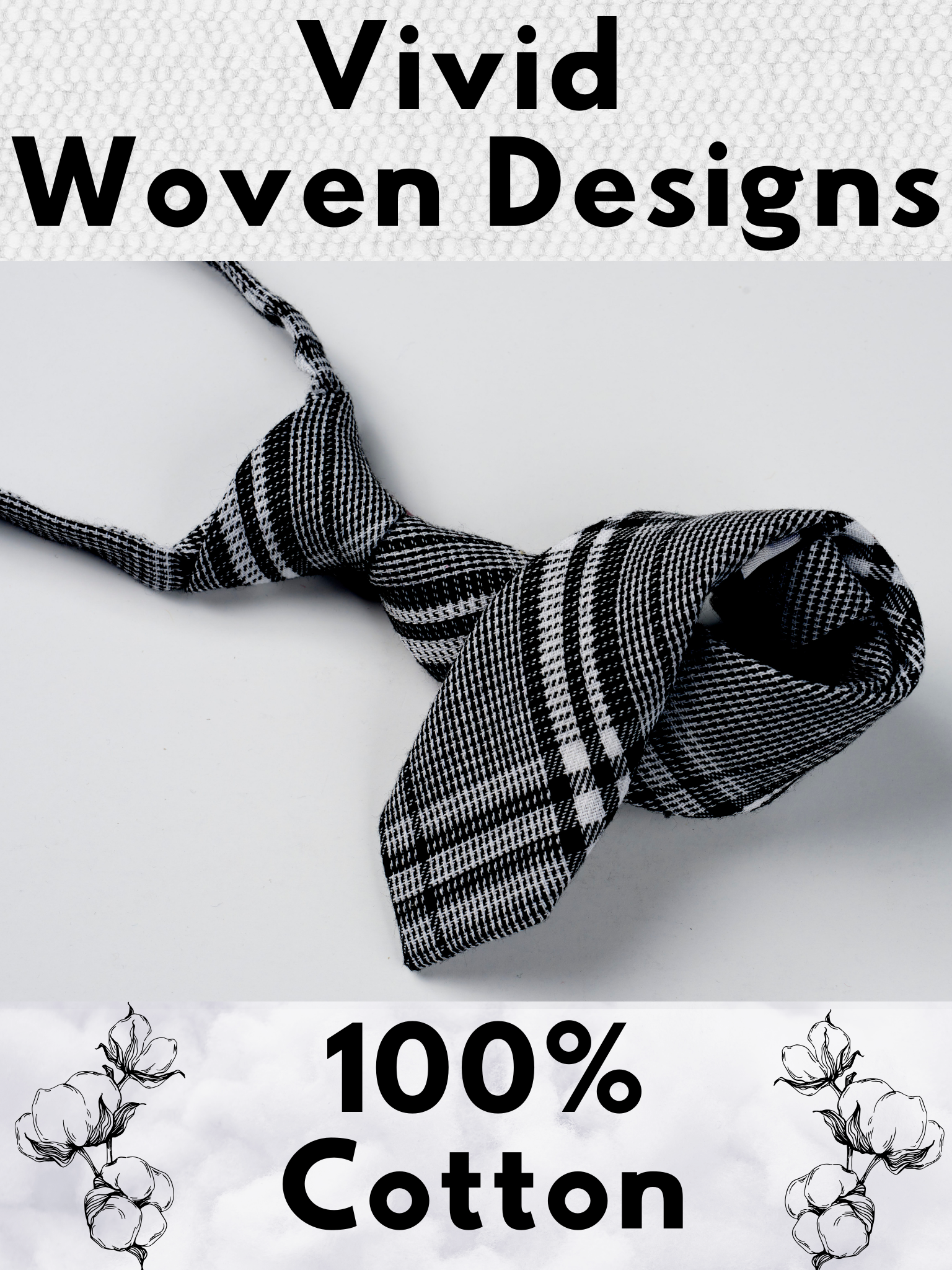 A folded cotton plaid necktie for boys with black plaid pattern with light gray stripes, and diagonal white bars.