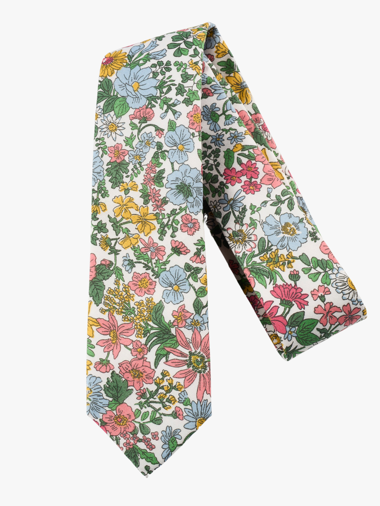 A folded pure cotton, floral adult men's necktie with pink wildflowers, blue petals, yellow blossoms, and green leaves.