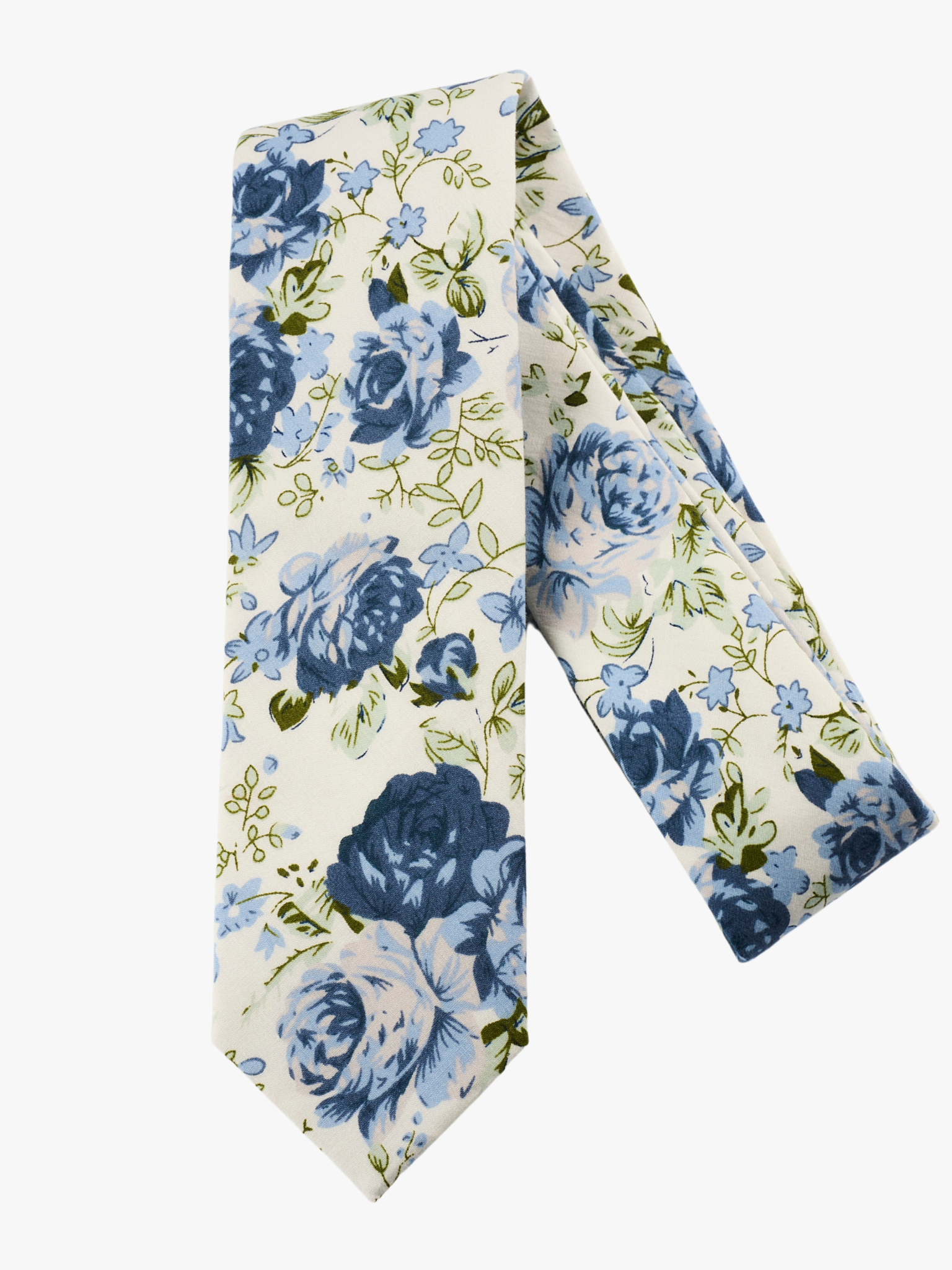 A folded floral adult men's necktie with necktie for men with large blue flowers, dusty petals, and light green leaves.