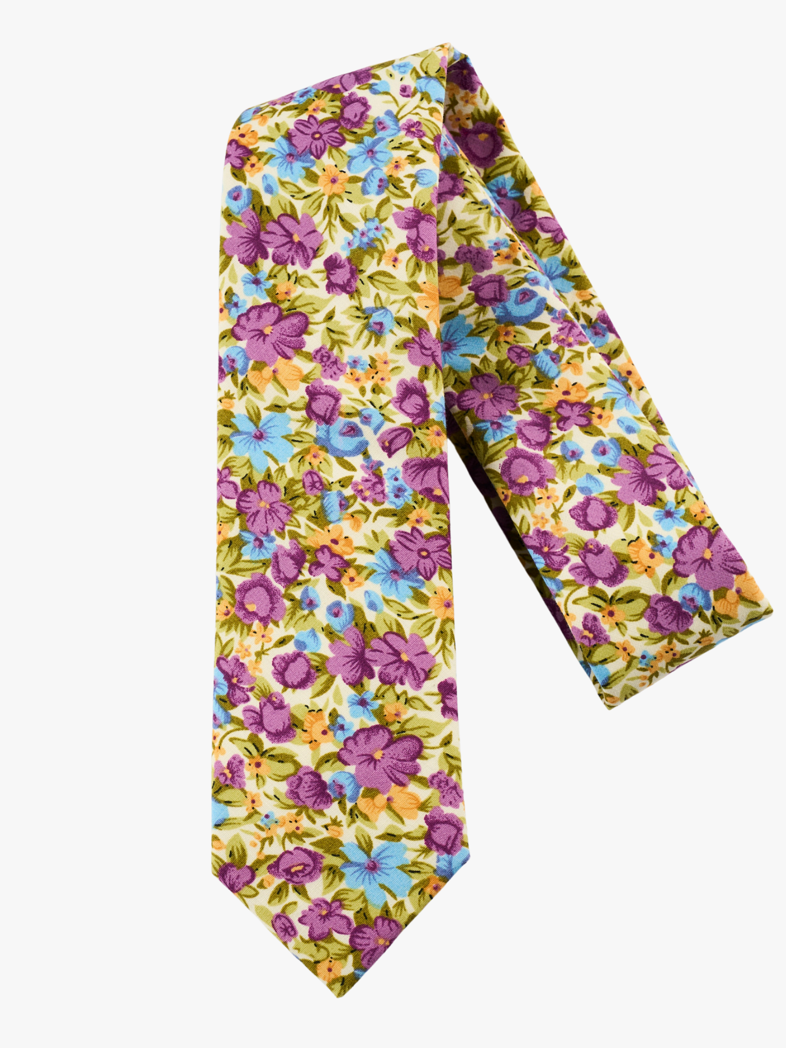 A folded pure cotton, floral adult men's necktie with  purple flowers, dusty blue petals, yellow spots and pale green leaves.