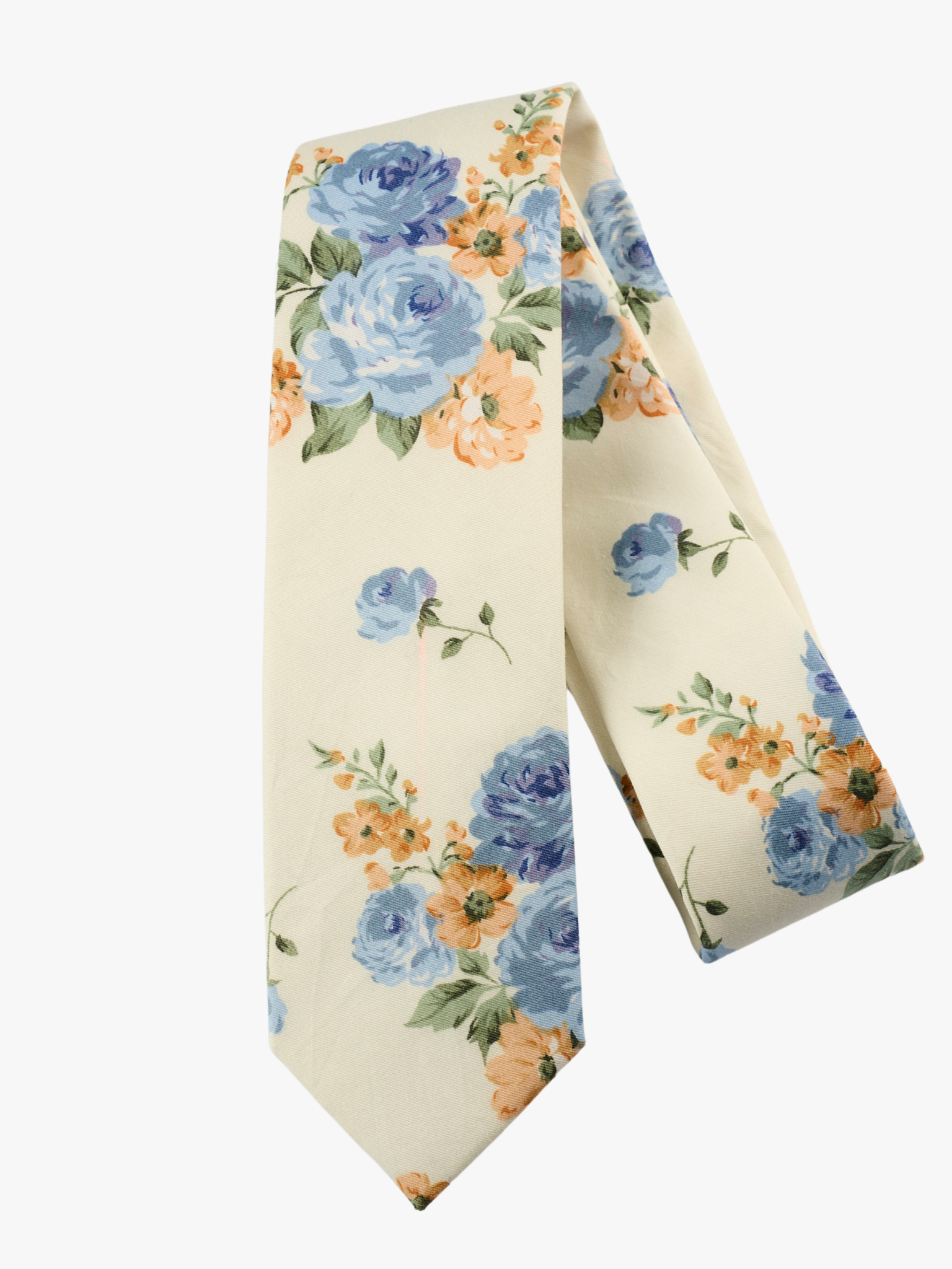 A folded pure cotton, floral adult men's necktie with  dusty blue rose flowers, deep yellow petals, and light green leaves.