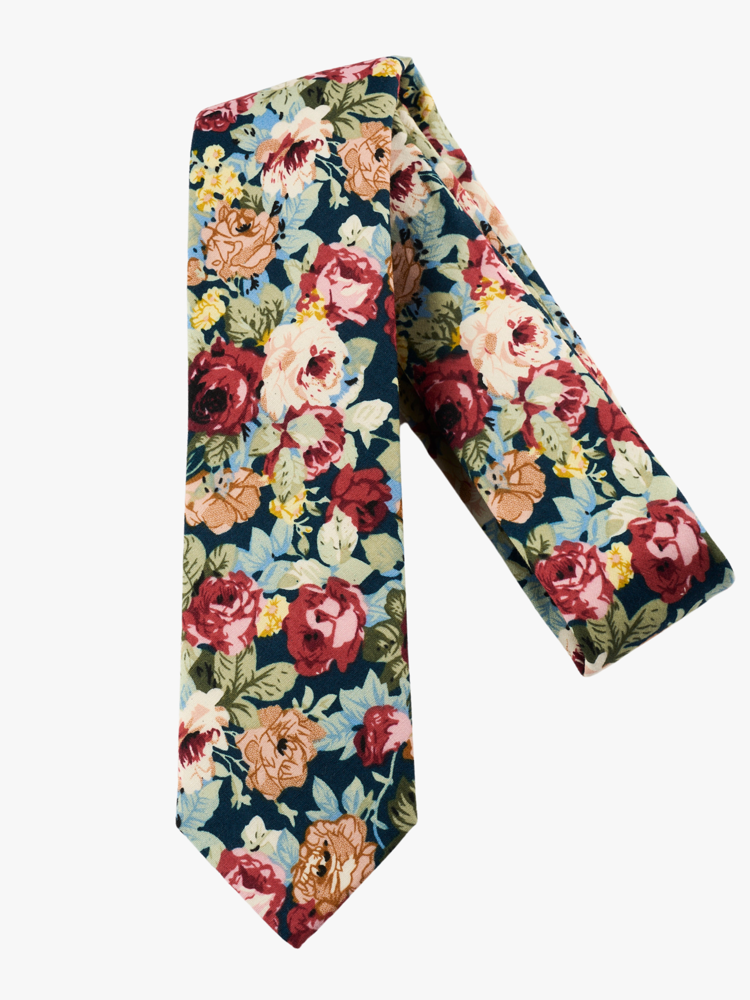 A folded woven cotton, floral men's tie with dark red flowers, burnt orange petals, rose blossoms and light green leaves.