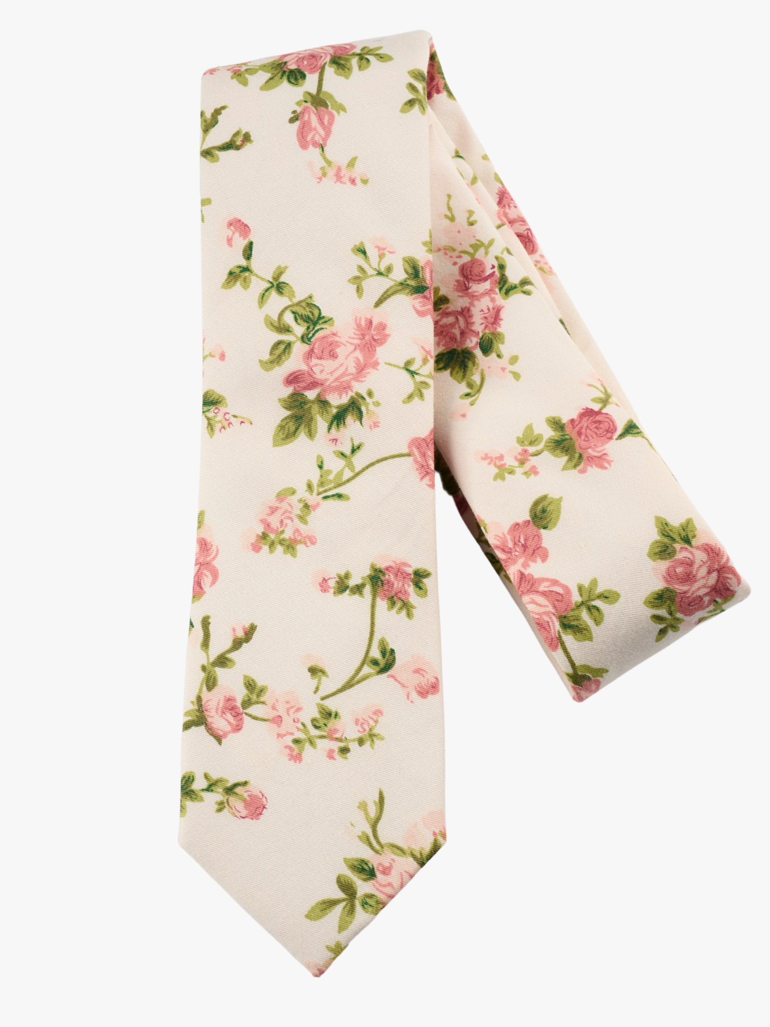 A folded pure cotton, floral adult men's necktie with  light pink pastel flowers, pale stems, and light green leaves.