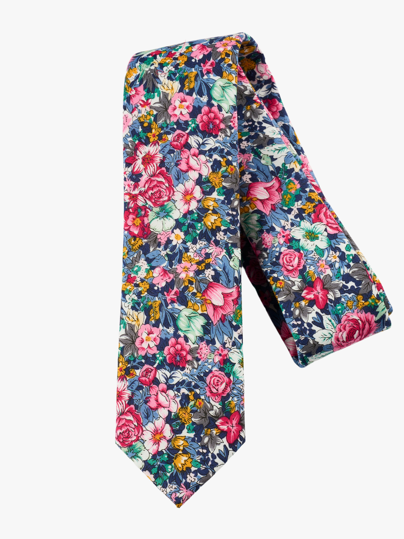 A folded floral adult men's necktie with pink rose flowers, dark petals, orange and sage green blossoms, and blue leaves.