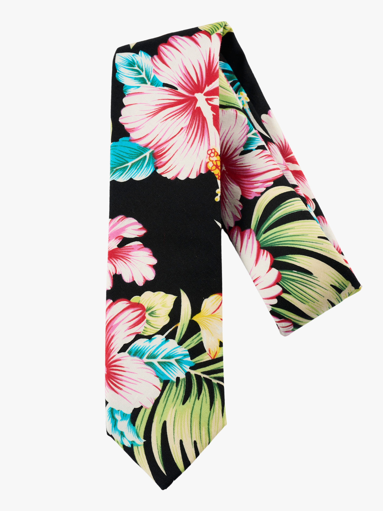 A folded pure cotton, floral adult men's necktie with Tropical  large pink beach flowers, hibiscus petals, and fern leaves.