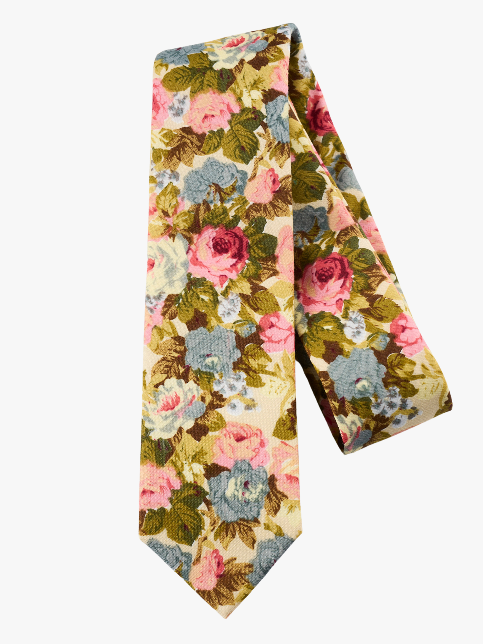 A folded floral adult men's necktie with Pastel  light pink flowers, dusty blue petals, blossoms and green leaves.