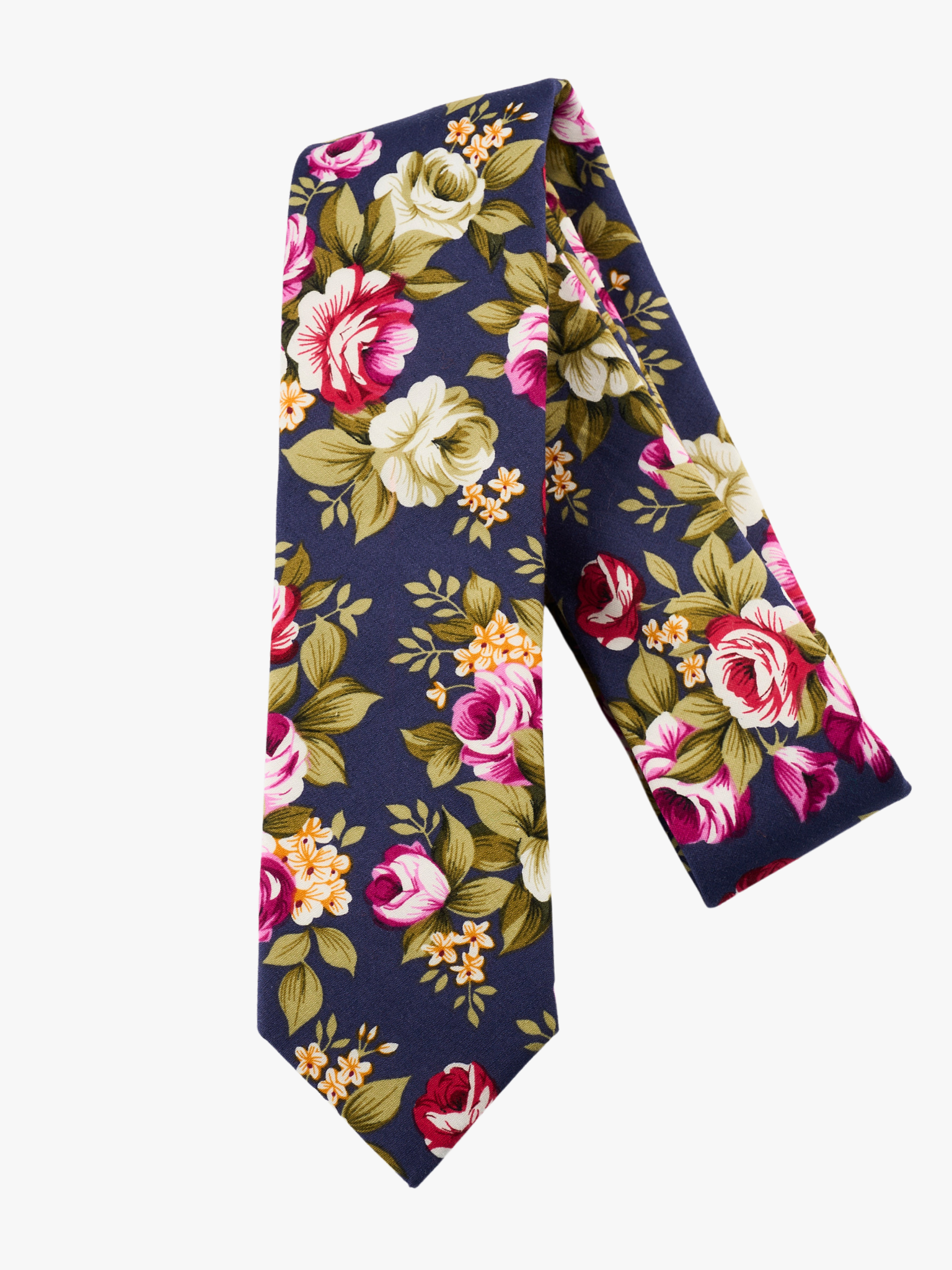 A folded woven cotton, floral men's tie with pink rose flowers, red petals, yellow blossoms and green leaves.