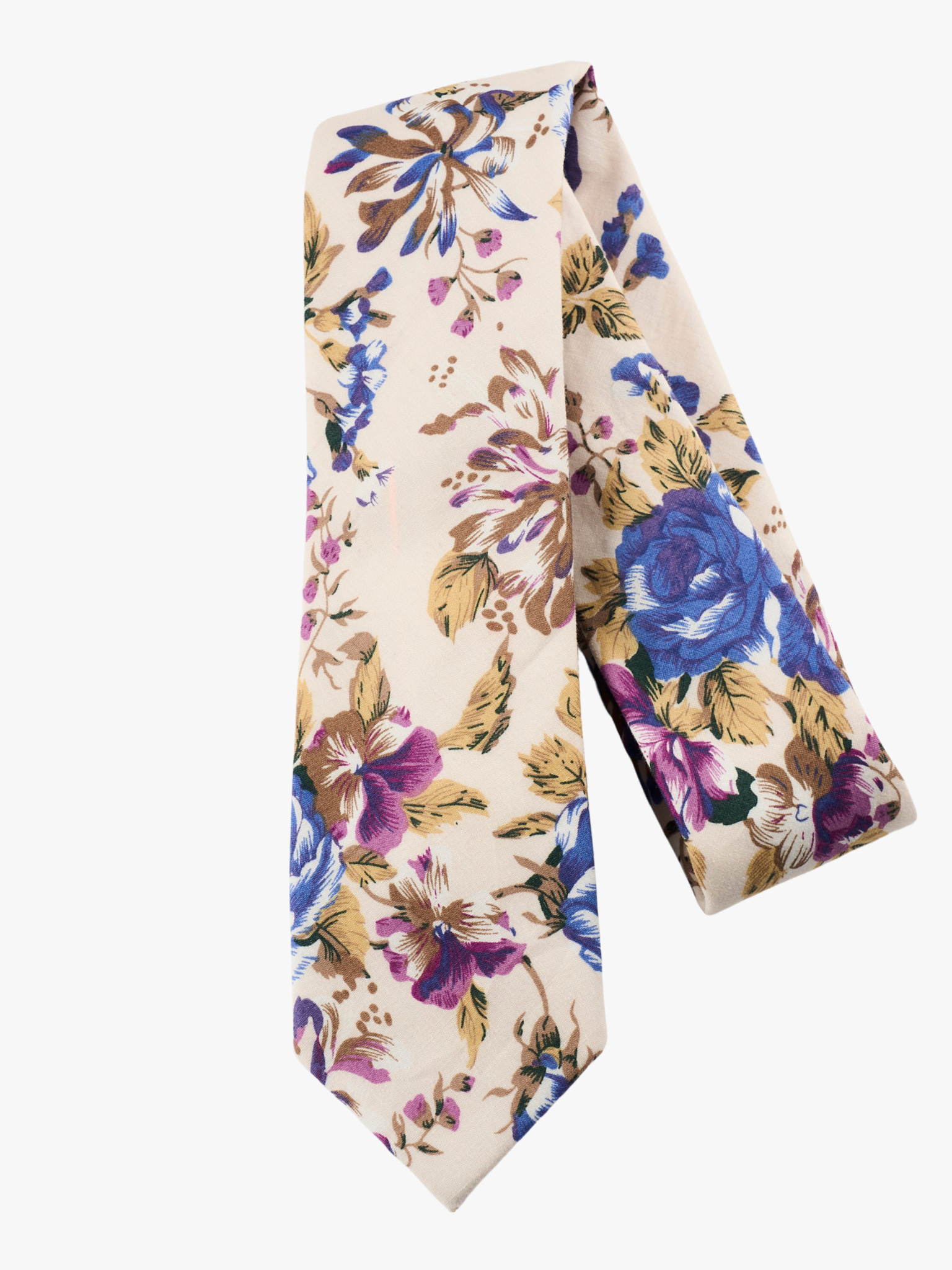 A folded pure cotton, floral adult men's necktie with purple flowers, blue petals, brown accents and fall leaves.