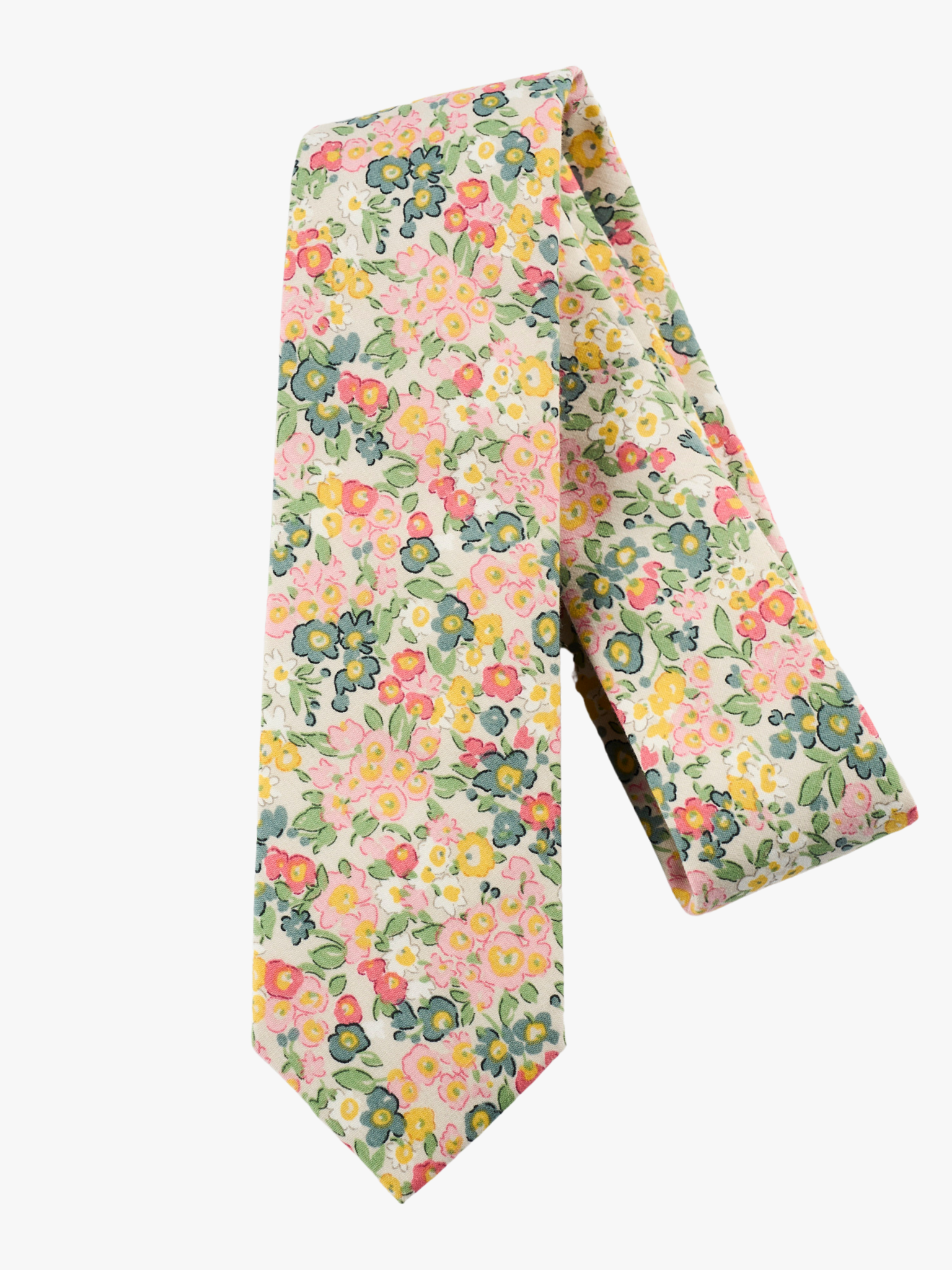 A folded pure cotton, floral adult men's necktie with small pink flowers, teal petals, yellow blossoms and green leaves.