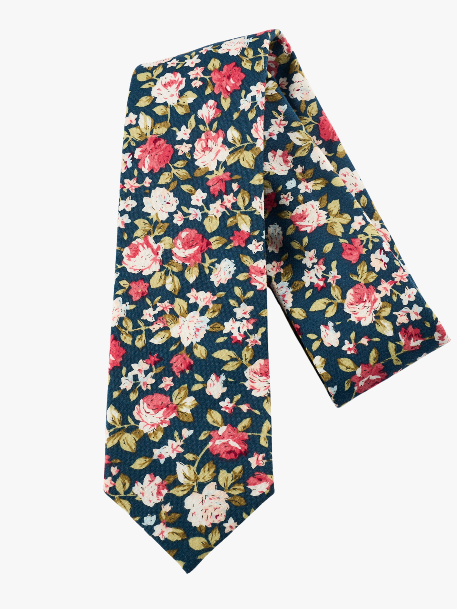 A folded pure cotton, floral adult men's necktie with red rose flowers, pink petals, light blossoms and pale green leaves.