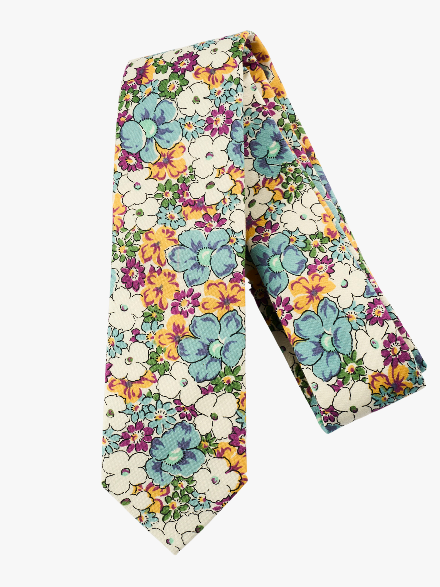 A folded cotton floral men's tie with pale blue flowers, yellow and orange petals, white blossoms and small green flowers.