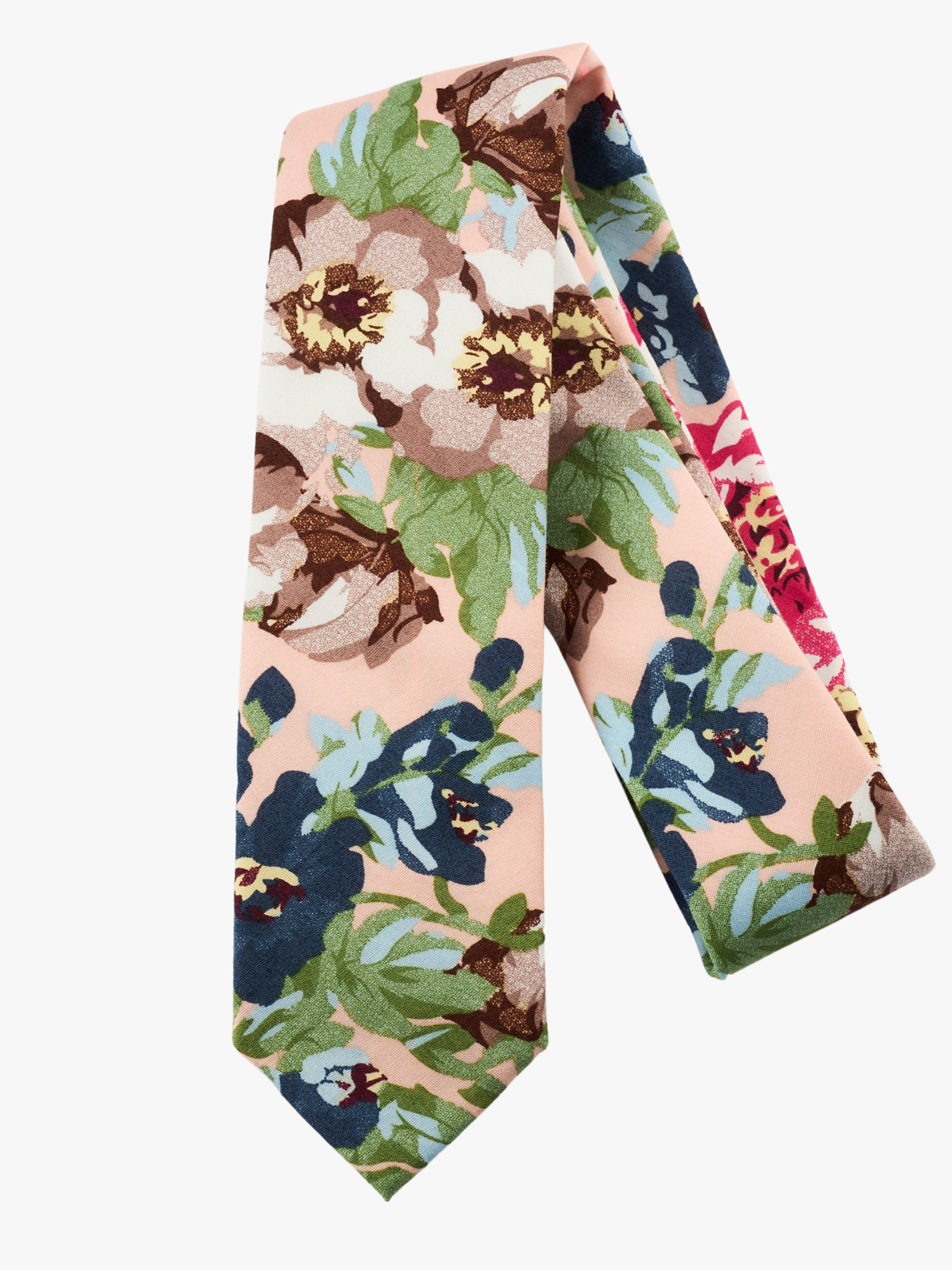 A folded pure cotton, floral adult men's necktie with dark blue flowers, brown petals, and light green water leaves.