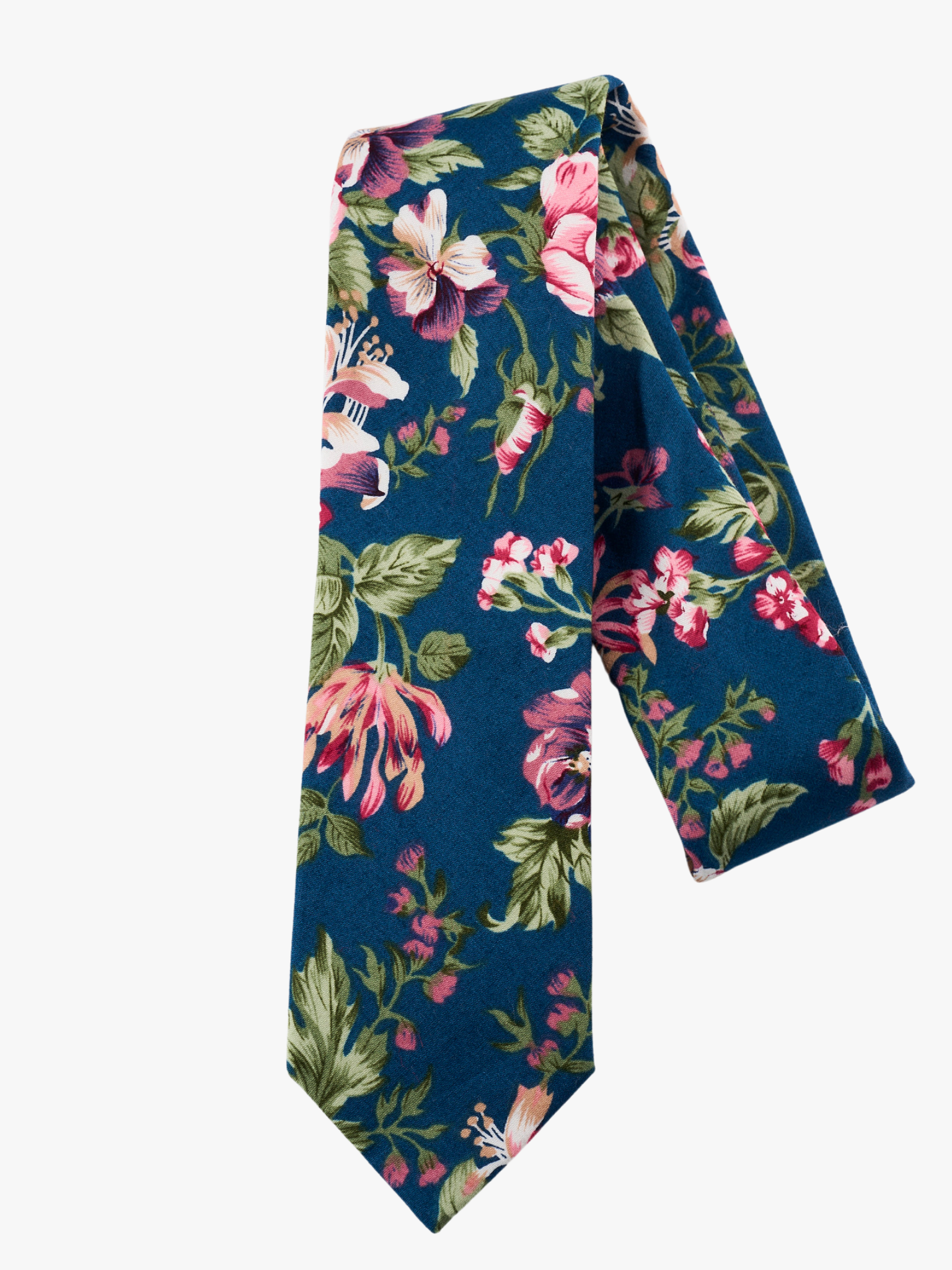 A folded pure cotton, floral adult men's necktie with pink flowers, Fuchsia petals, light pink blossoms and green leaves.