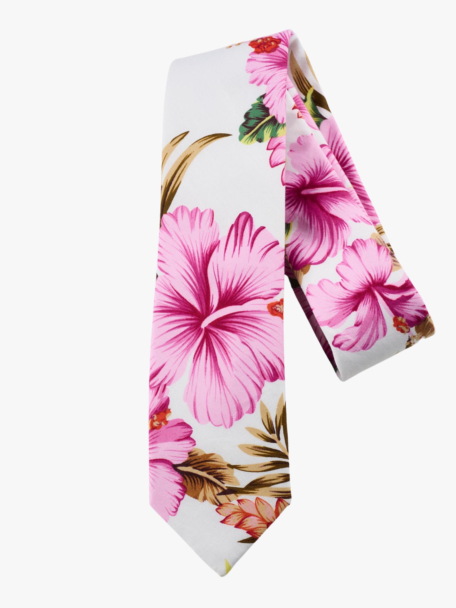 A folded floral adult men's necktie with pink hibiscus flowers, Hawaii petals, spots of green and orange, and brown leaves.