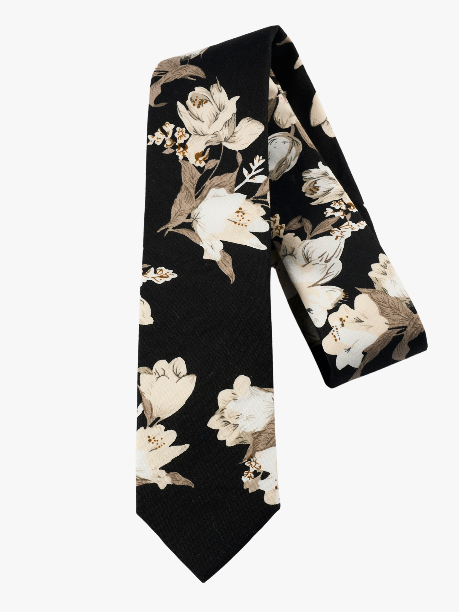 A folded pure cotton, floral adult men's necktie with ghostly white flowers, pale petals, rose blossoms and gray leaves.