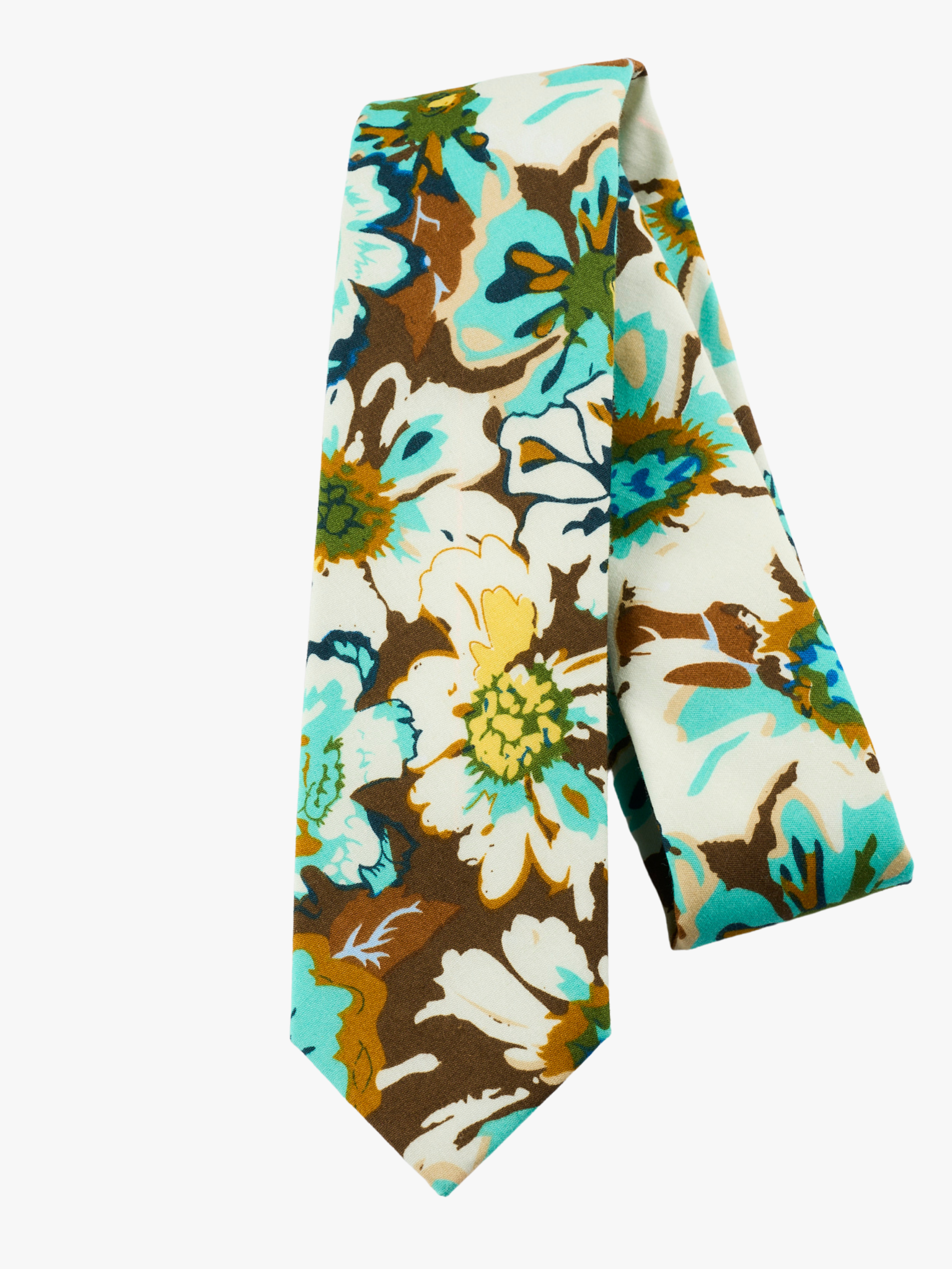 A folded floral adult men's necktie with white flowers, pale blue petals, yellow blossoms and brown leaves on brown.