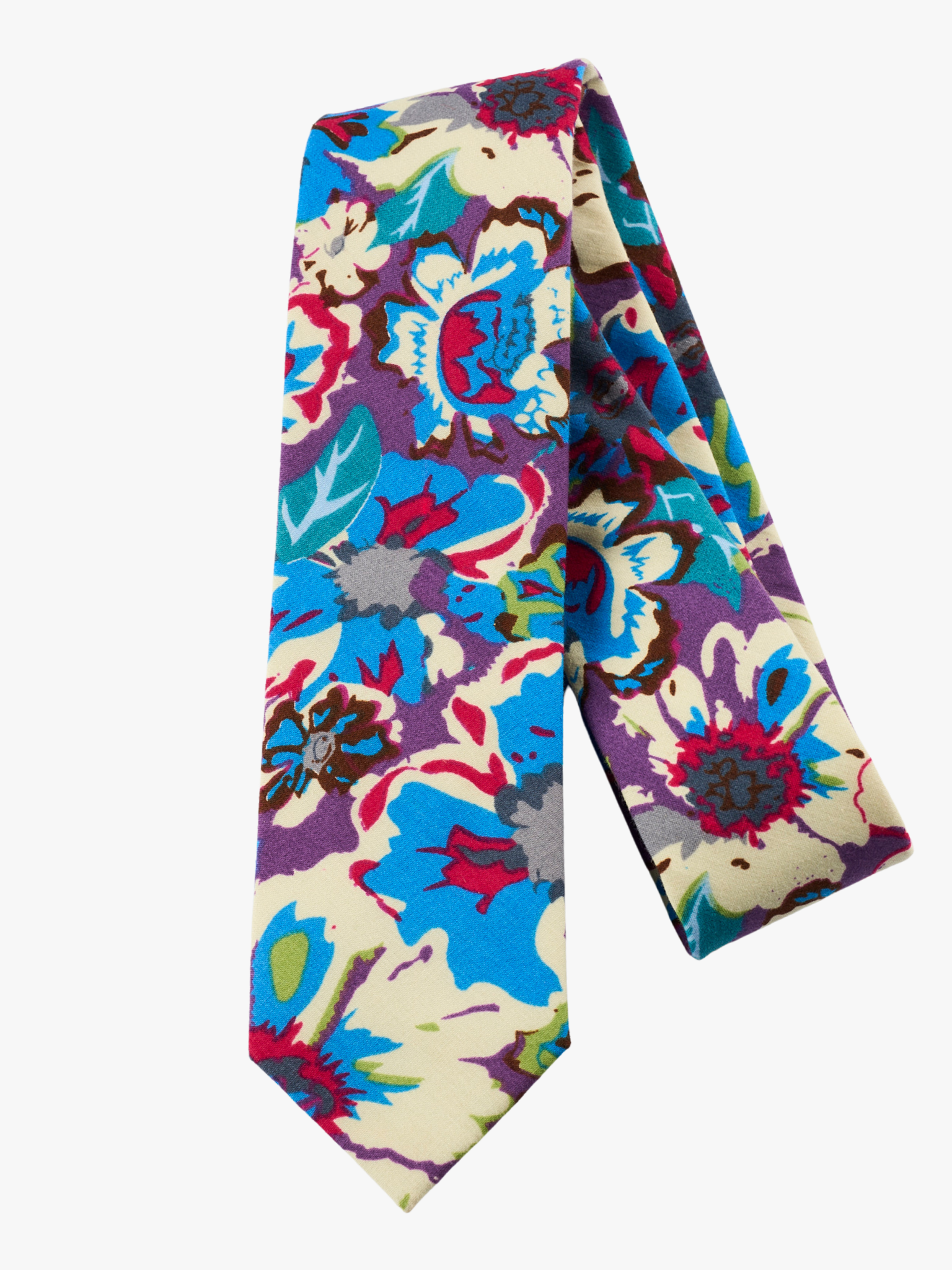 A folded pure cotton, floral adult men's necktie with white flowers, blue petals, purple blossoms and light green leaves.