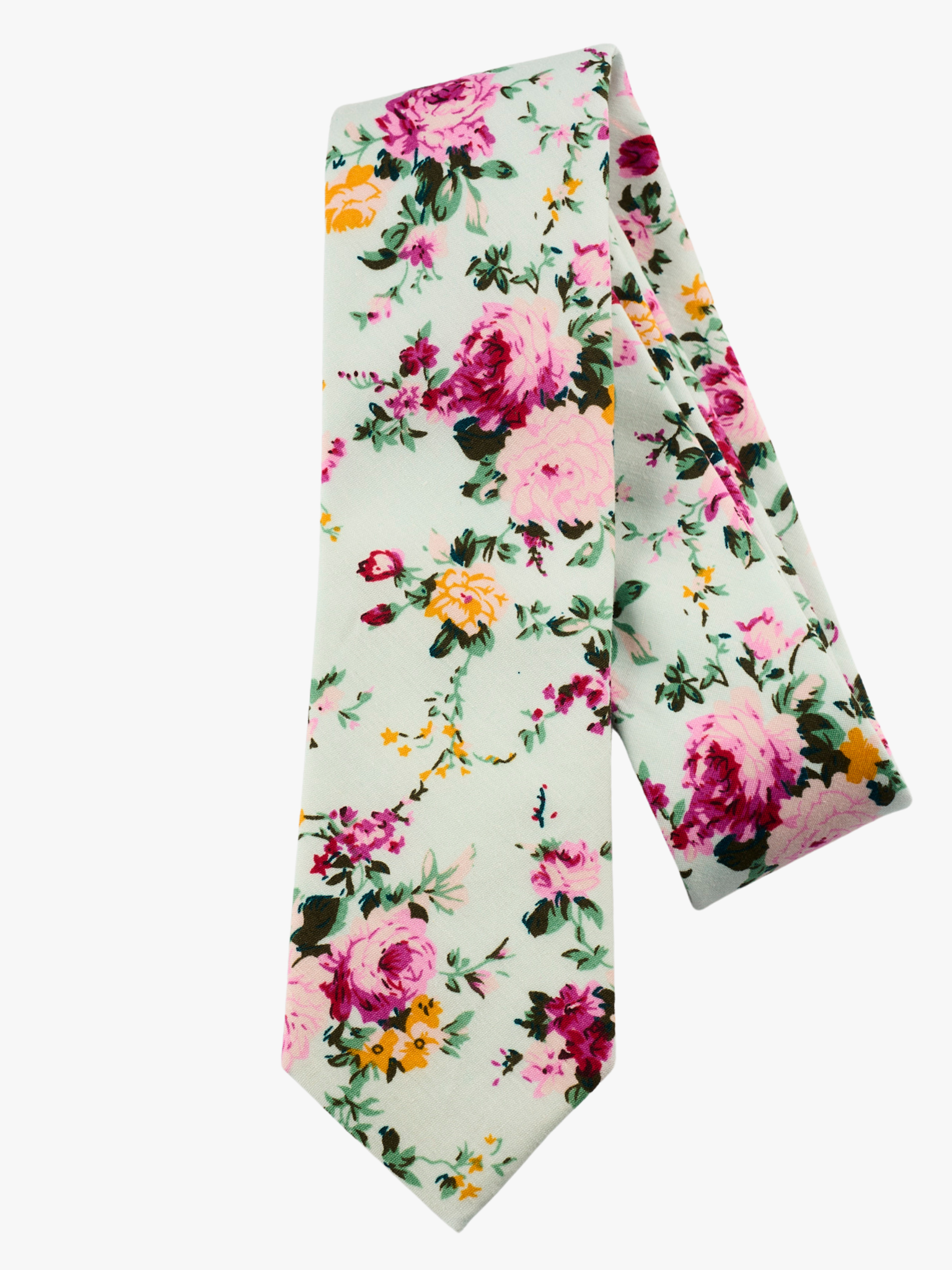 A folded pure cotton, floral adult men's necktie with pink rose flowers, yellow petals, dark blossoms and green leaves.