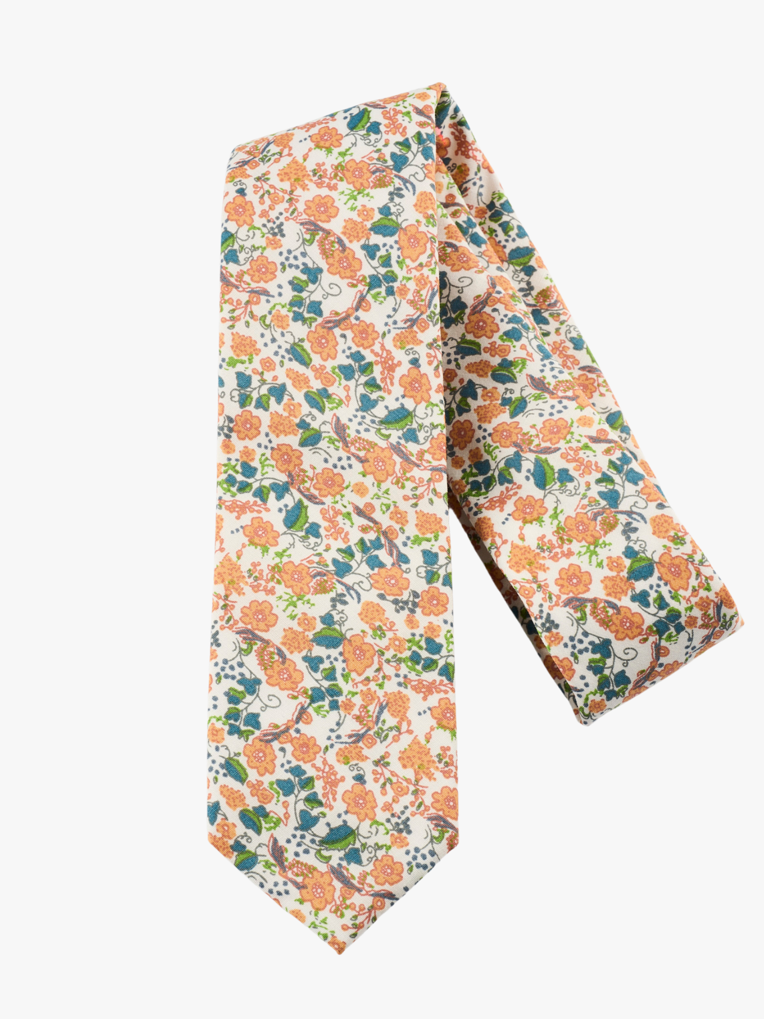 A folded pure cotton, floral adult men's necktie with orange wild flowers, blue petals, and green leaves.