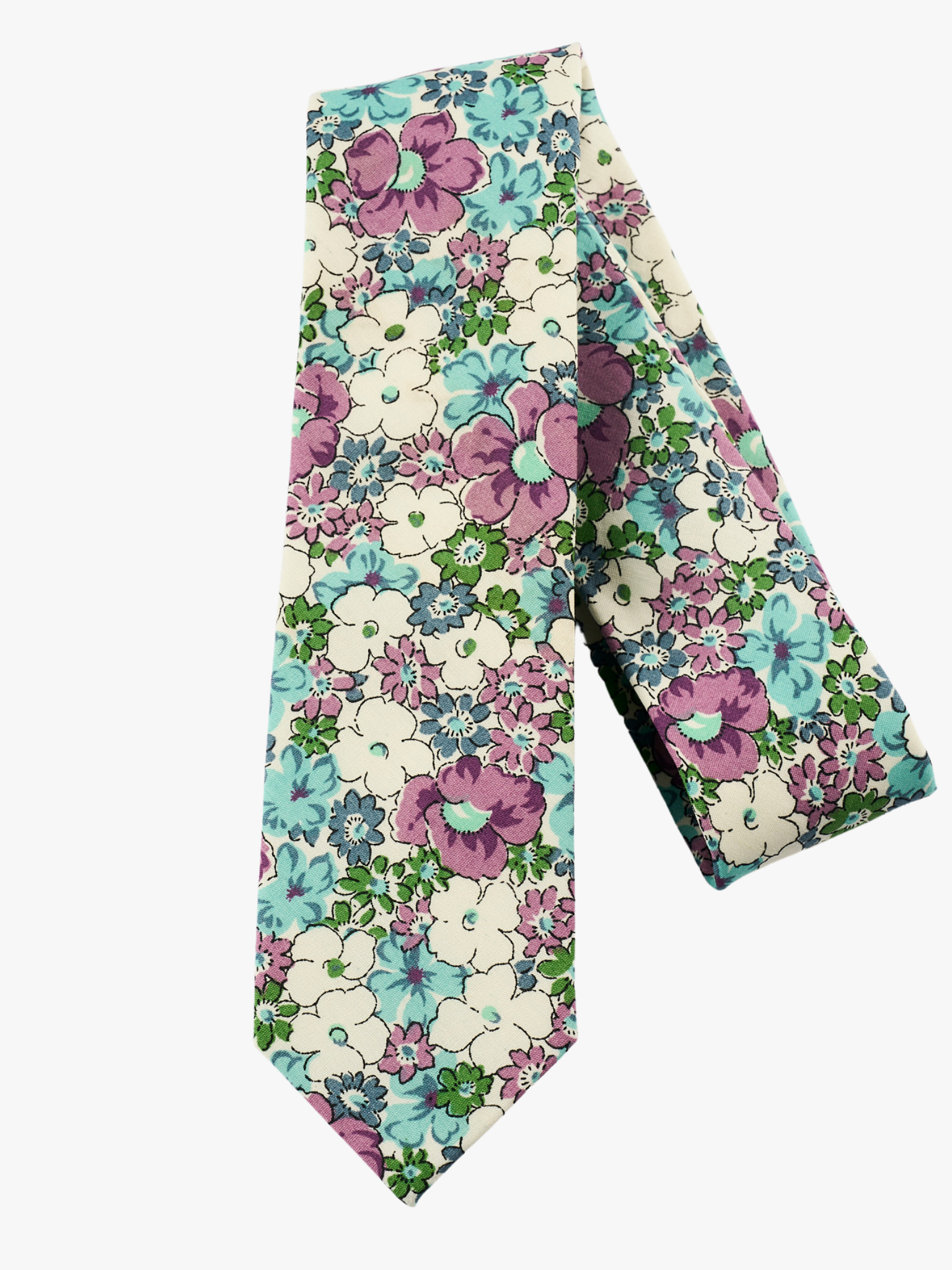 A folded pure cotton, floral adult men's necktie with blue flowers, lavender purple petals, and green blossoms.